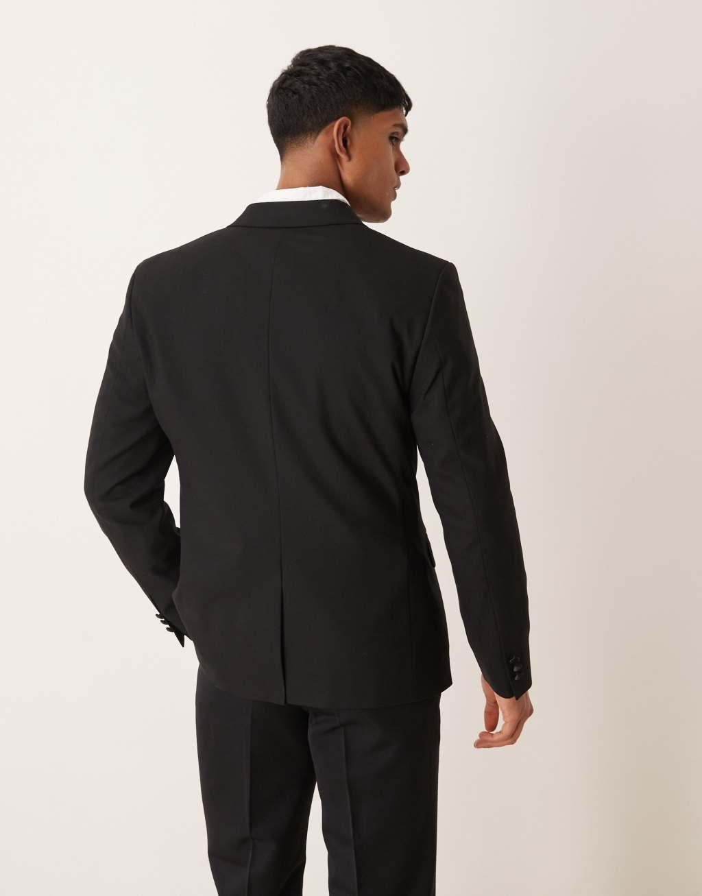 ASOS DESIGN slim double breasted tuxedo blazer in black Product Image