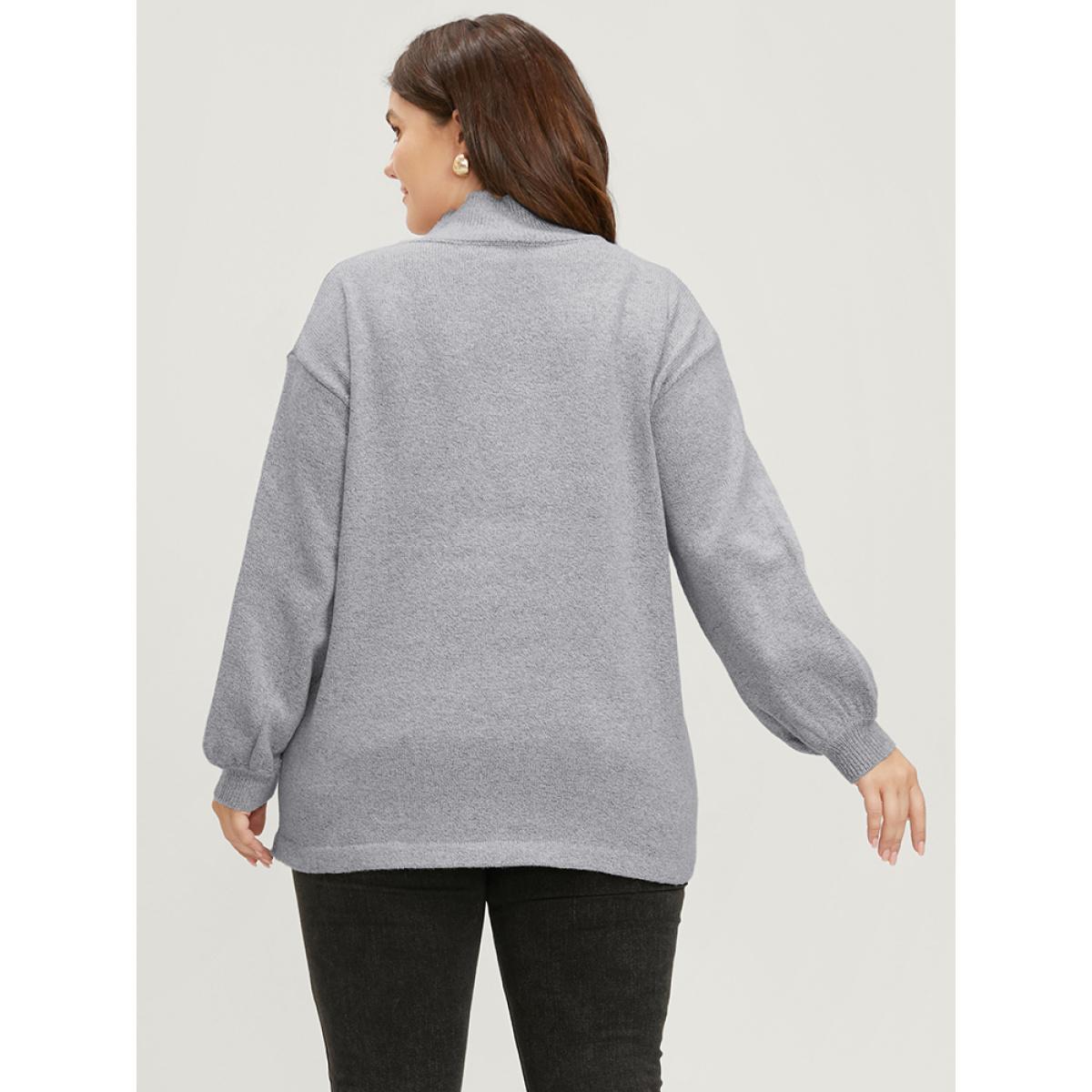 Plus Size Solid Pointelle Knit Lantern Sleeve Mock Neck Heather Knit Top LightGray Women Casual Long Sleeve Mock Neck Dailywear Pullovers BloomChic 14-16/1X Product Image