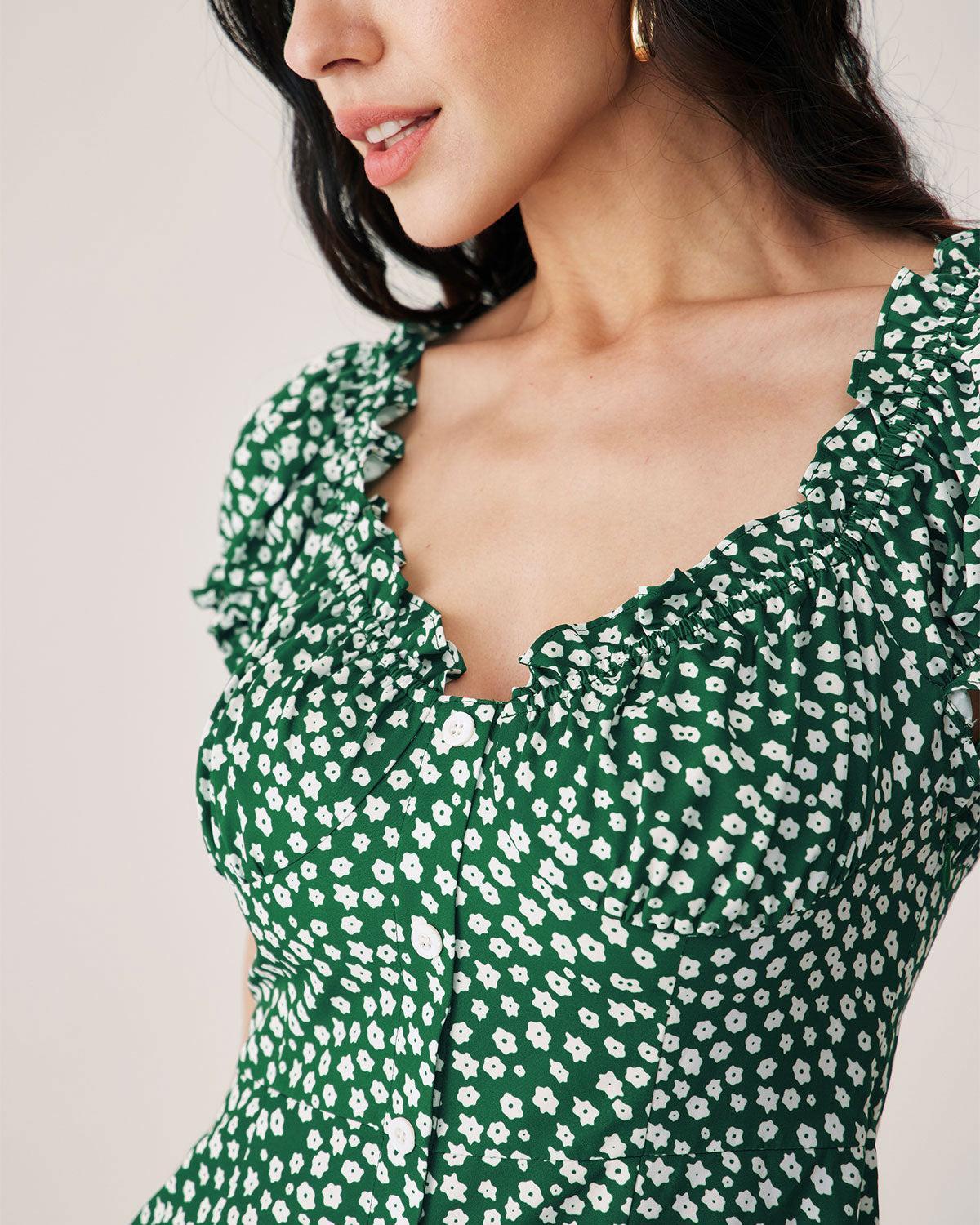 Green Floral Sweetheart Neck Mini Dress Product Image