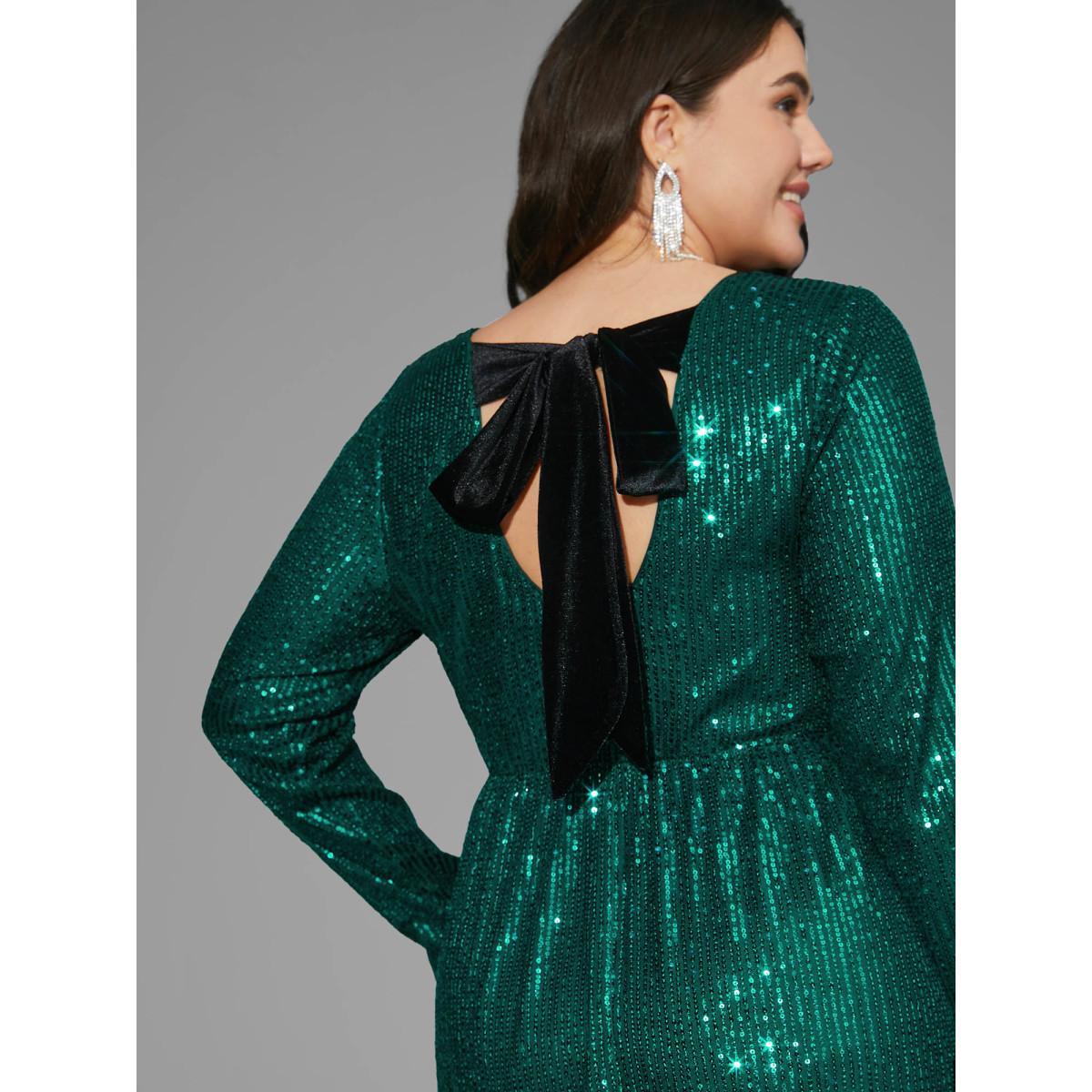 Plus Size Sequin Patchwork Velvet Tie Knot Dress Teal Women Cocktail Tie knot Party Curvy Bloomchic 28/5X Product Image