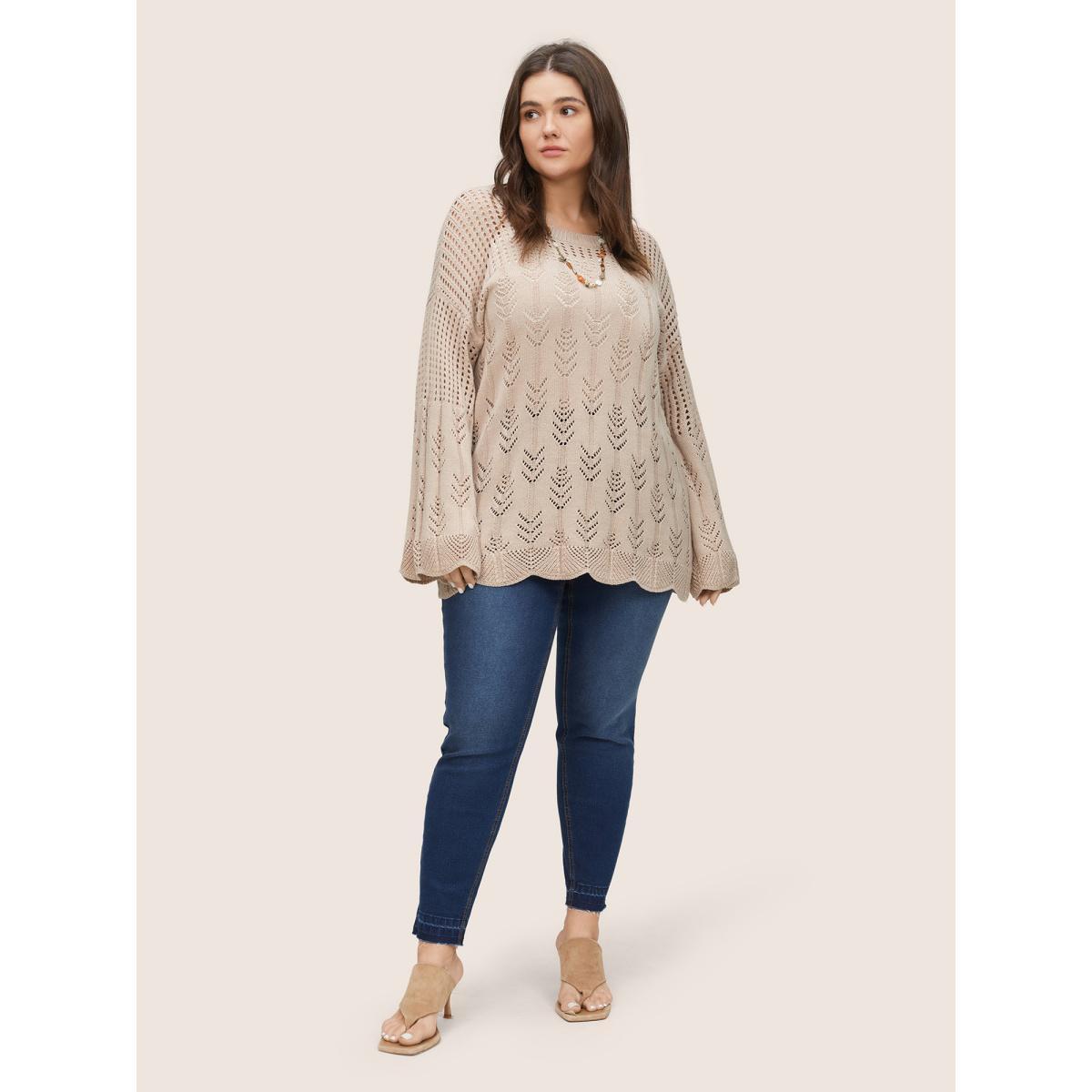 Plus Size Cotton Blended Pointelle Knit Round Neck Pullover Apricot Women Casual Long Sleeve Round Neck Everyday Pullovers BloomChic 30/6X Product Image