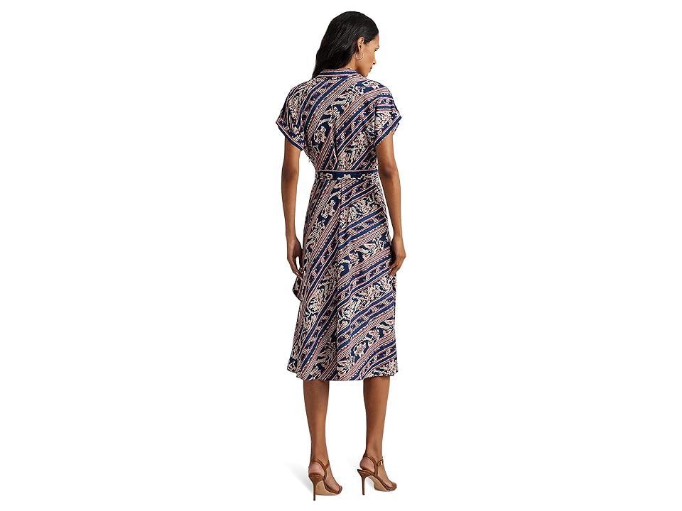 Lauren Ralph Lauren Geo-Stripe Belted Crepe Dress (Navy Multi) Women's Dress Product Image