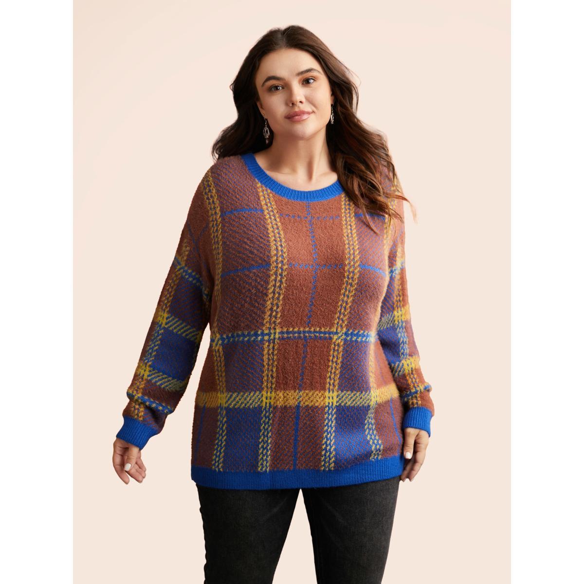 Plus Size Plaid Texture Crew Neck Pullover Navy Women Casual Long Sleeve Round Neck Everyday Pullovers BloomChic 14-16/1X Product Image