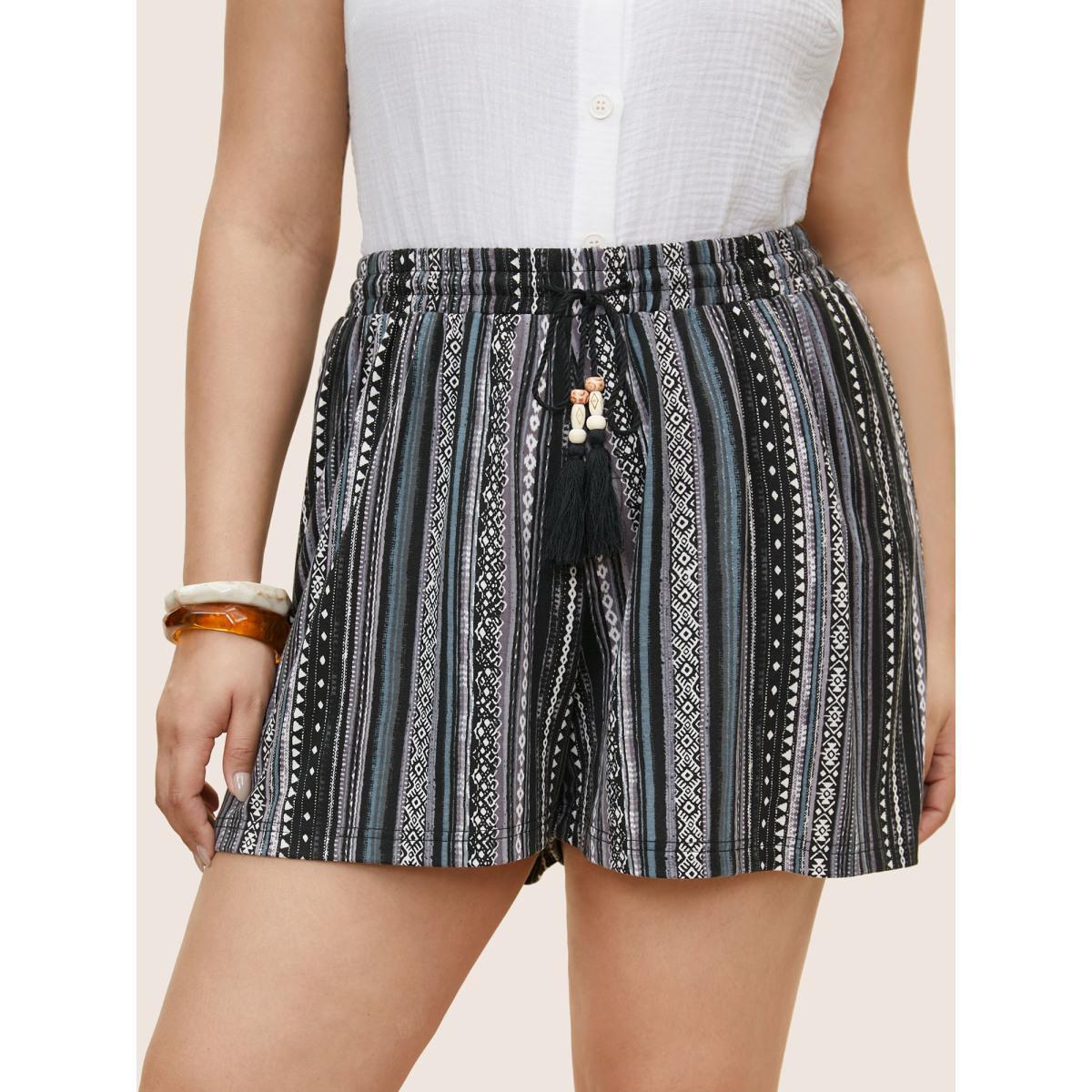 Plus Size Bandana Elastic Waist Drawstring Tassel Trim Shorts Women Black Resort Non Vacation Shorts BloomChic 22-24/3X Product Image