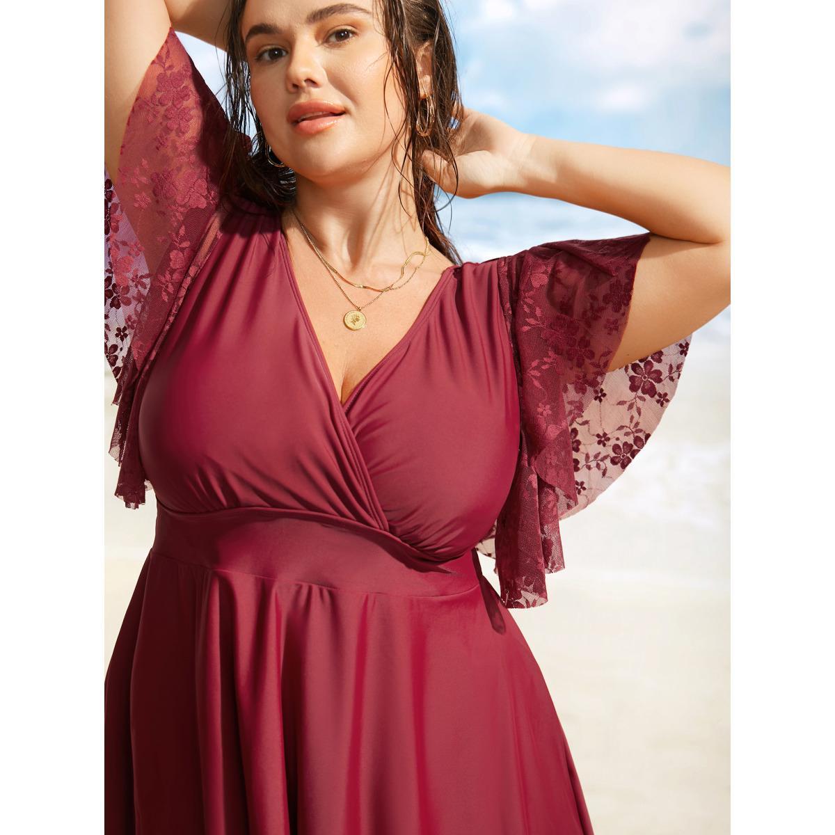 Plus Size Solid Overlap Collar Lace Patchwork Gathered Swim Dress Women's Swimwear Deepred Beach Bodycon Overlap Collar High stretch Curve Swim Dresses BloomChic 22-24/3X Product Image