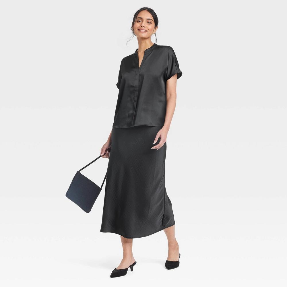 Women's Short Sleeve V Neck Blouse - A New Day™ Black L: Relaxed Fit, Satin, Pleated Back, Button Down Product Image