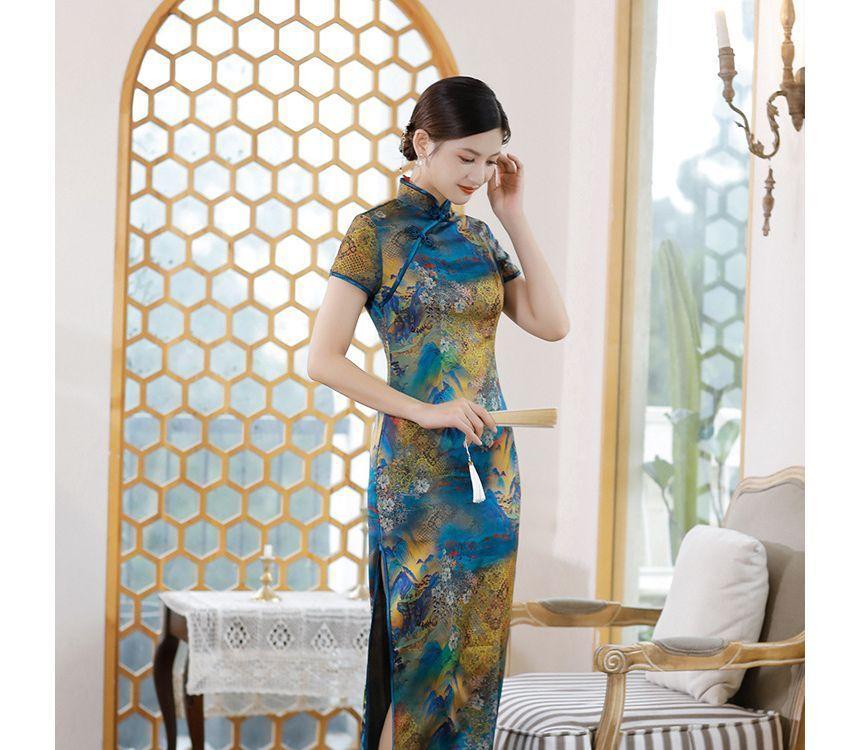 Short-Sleeve Floral Print  Midi Sheath Qipao Product Image