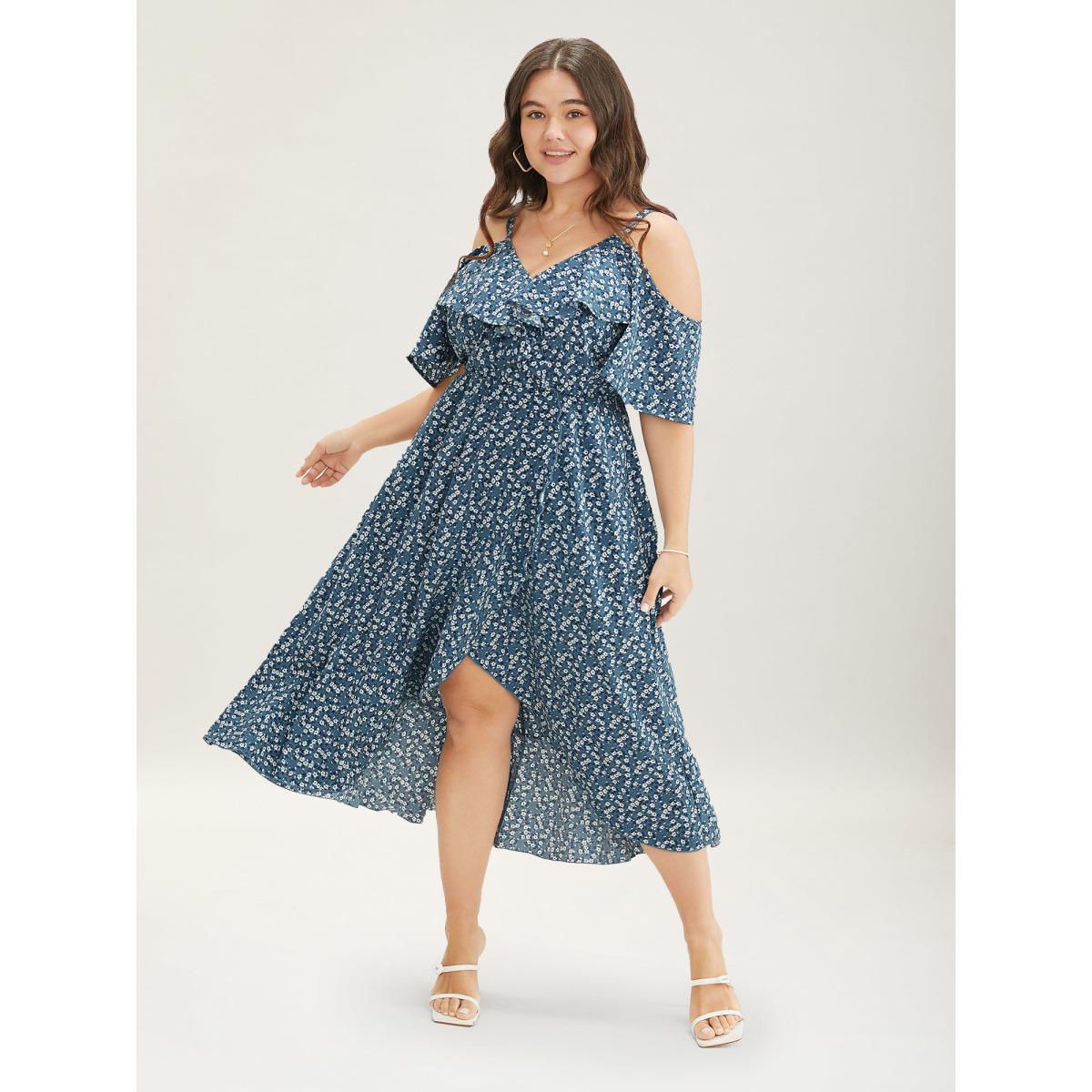 Plus Size Ditsy Floral Pocket Wrap Cold Shoulder Ruffle Dress Stone Women Elegant Non Overlap Collar Short sleeve Curvy Midi Dress BloomChic 30/6X Product Image