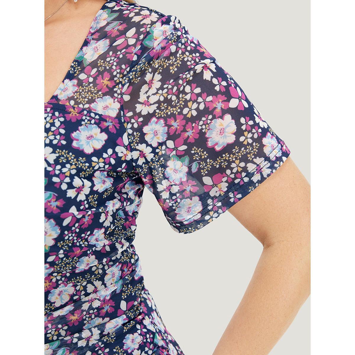 Plus Size Floral Print Ruched Square Neck Dress Stone Women Glamour Gathered Square Neck Short sleeve Curvy Midi Dress BloomChic 10/M Product Image