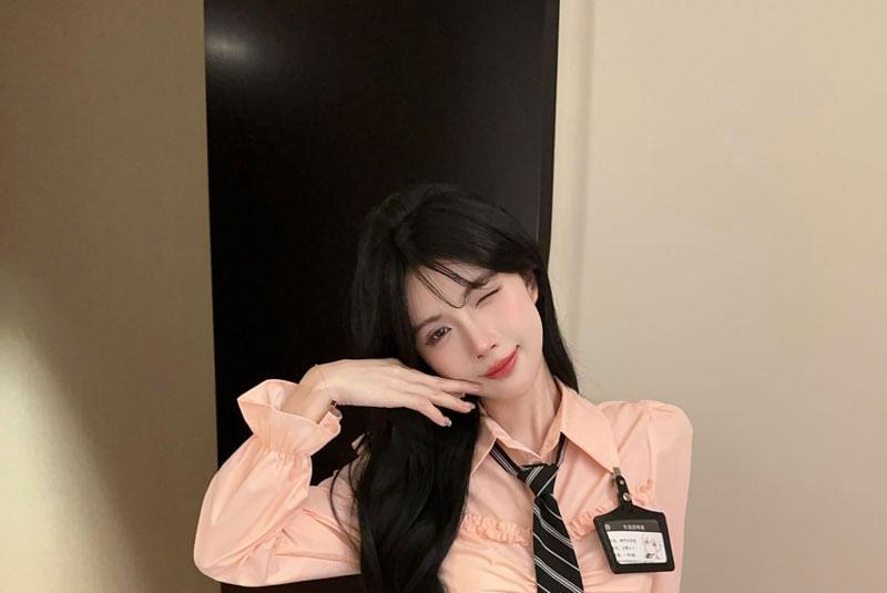Long Sleeve Collared Plain Ruched Shirt / Necktie / Name Badge / High Waist Plain Ruffle Mini A-Line Skort / Set Product Image