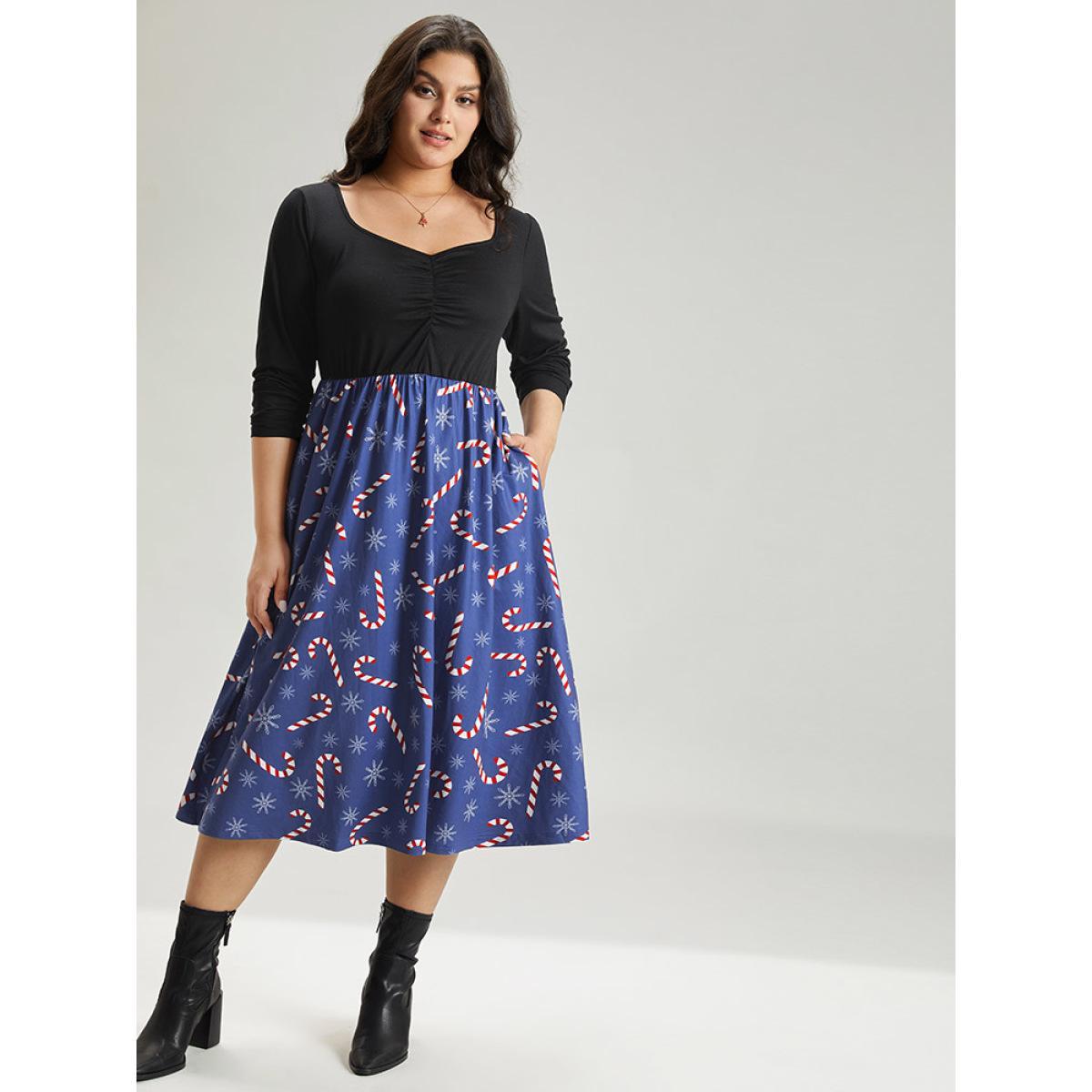 Plus Size Snowflake & Christmas Candy Print Pocket Ruched Dress DarkBlue Women Elegant Gathered Square Neck Long Sleeve Curvy Midi Dress BloomChic 14-16/1X Product Image