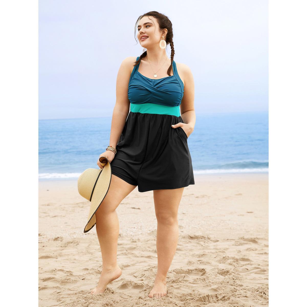 Plus Size Patchwork Contrast Crossover One Piece Swimsuit Women's Swimwear Cyan Beach Twist Curve Bathing Suits High stretch One Pieces BloomChic 22-24/3X Product Image