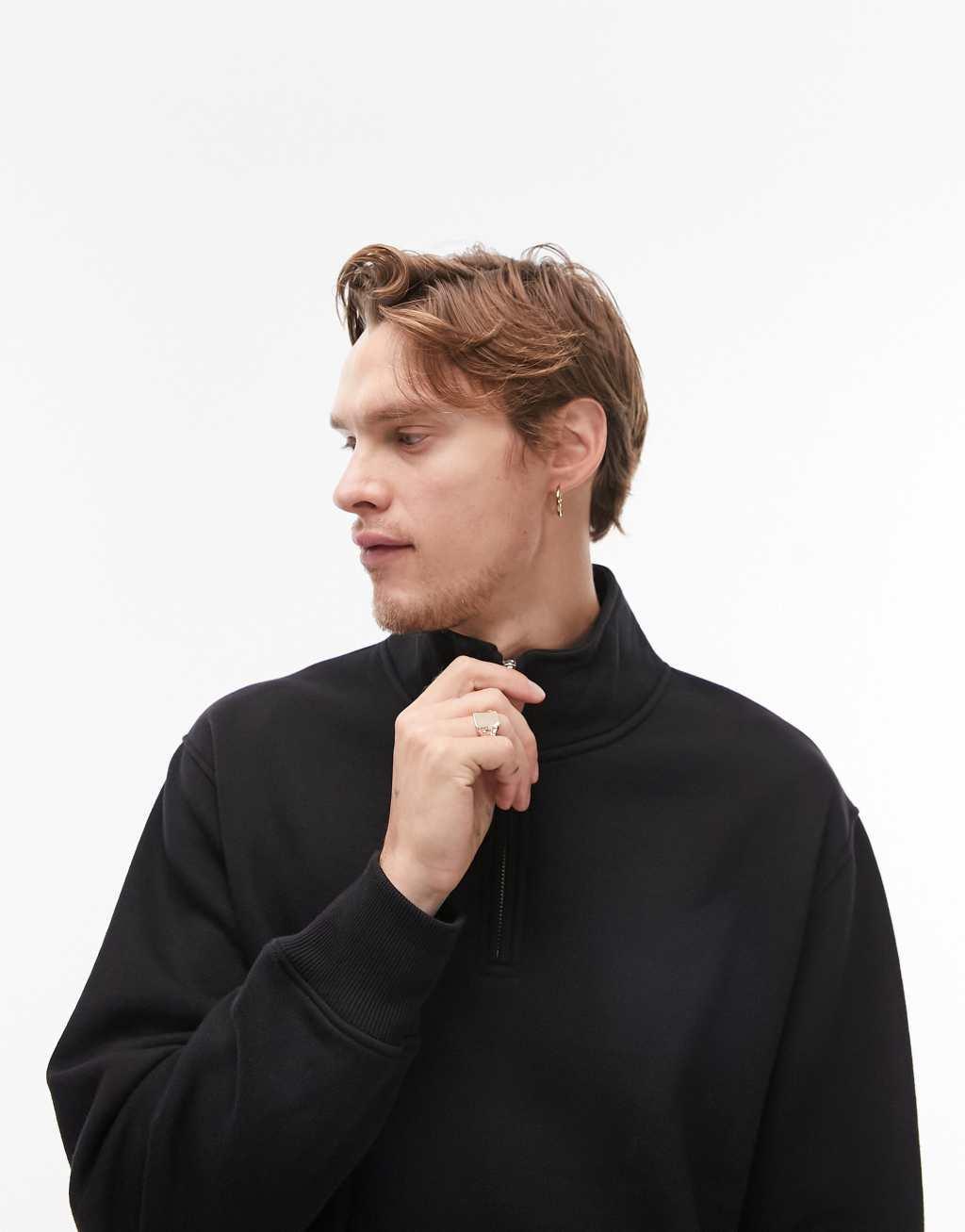 Topman 1/4 zip sweatshirt in black Product Image