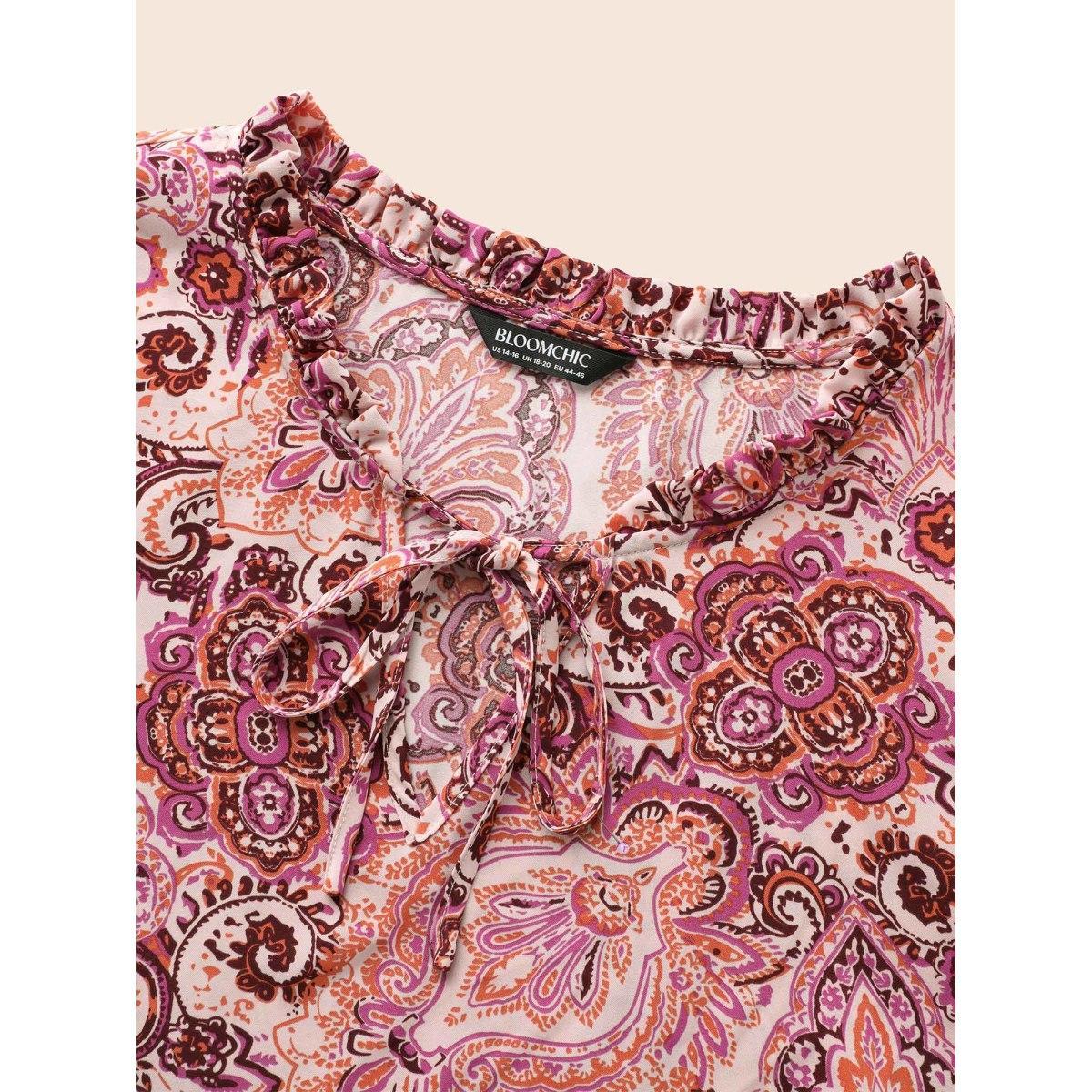 Plus Size Blush Bandana Frill Trim Tie Knot Blouse Women Elegant Elbow-length sleeve Notched collar Everyday Blouses BloomChic 22-24/3X Product Image