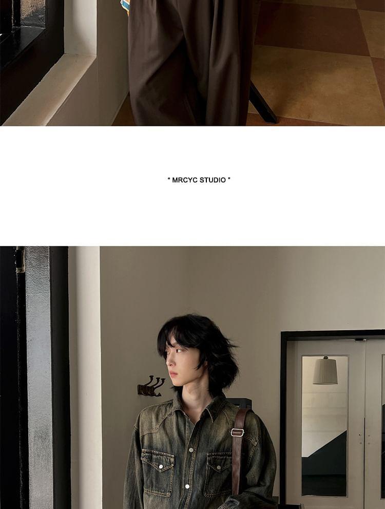 Washed Button-Up Denim Shirt Jacket Product Image
