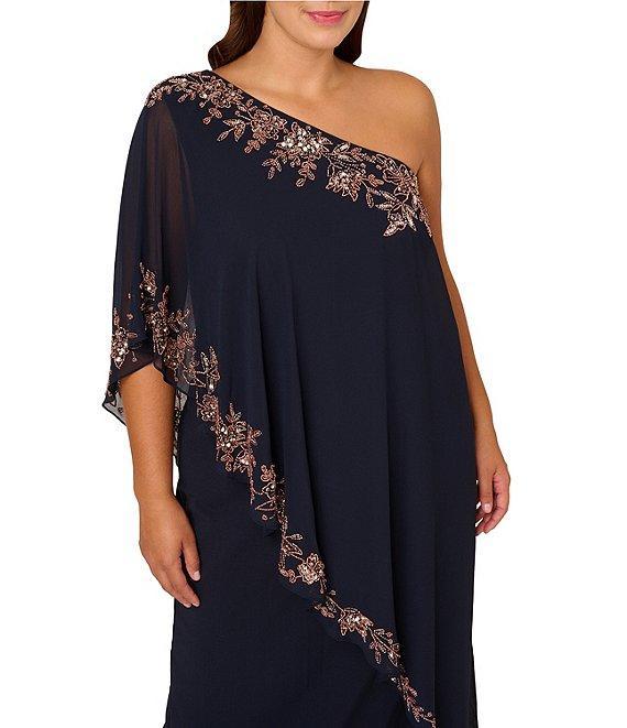 Adrianna Papell Plus Size Chiffon One Shoulder Short Sleeve Asymmetrical Beaded Trim Overlay Sheath Gown Product Image