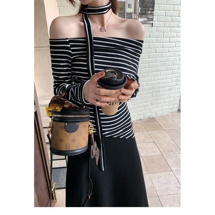 Long Sleeve One Shoulder Striped Asymmetrical Tee Product Image