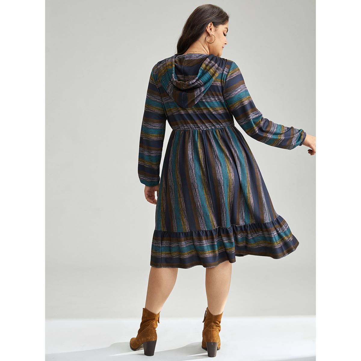 Plus Size Striped Contrast Ruffle Layered Hem Hooded Dress Multicolor Women Casual Elastic cuffs Hooded Long Sleeve Curvy Midi Dress BloomChic 10/M Product Image