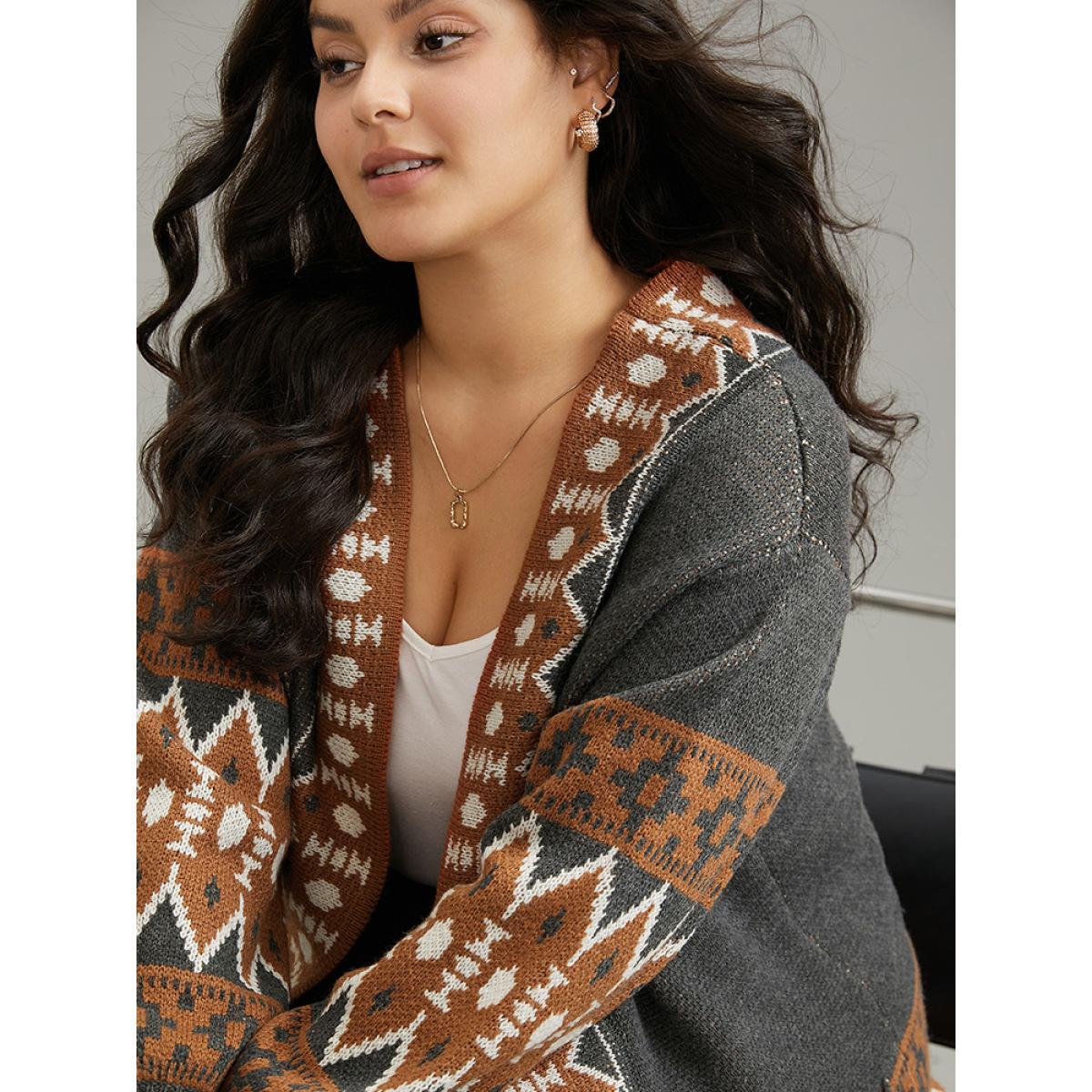 Plus Size Contrast Geometric Pocket Open Front Cardigan DimGray Women Casual Loose Long Sleeve Dailywear Cardigans BloomChic 10/M Product Image