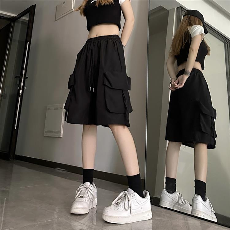 High Waist Plain Wide Leg Cargo Shorts Product Image