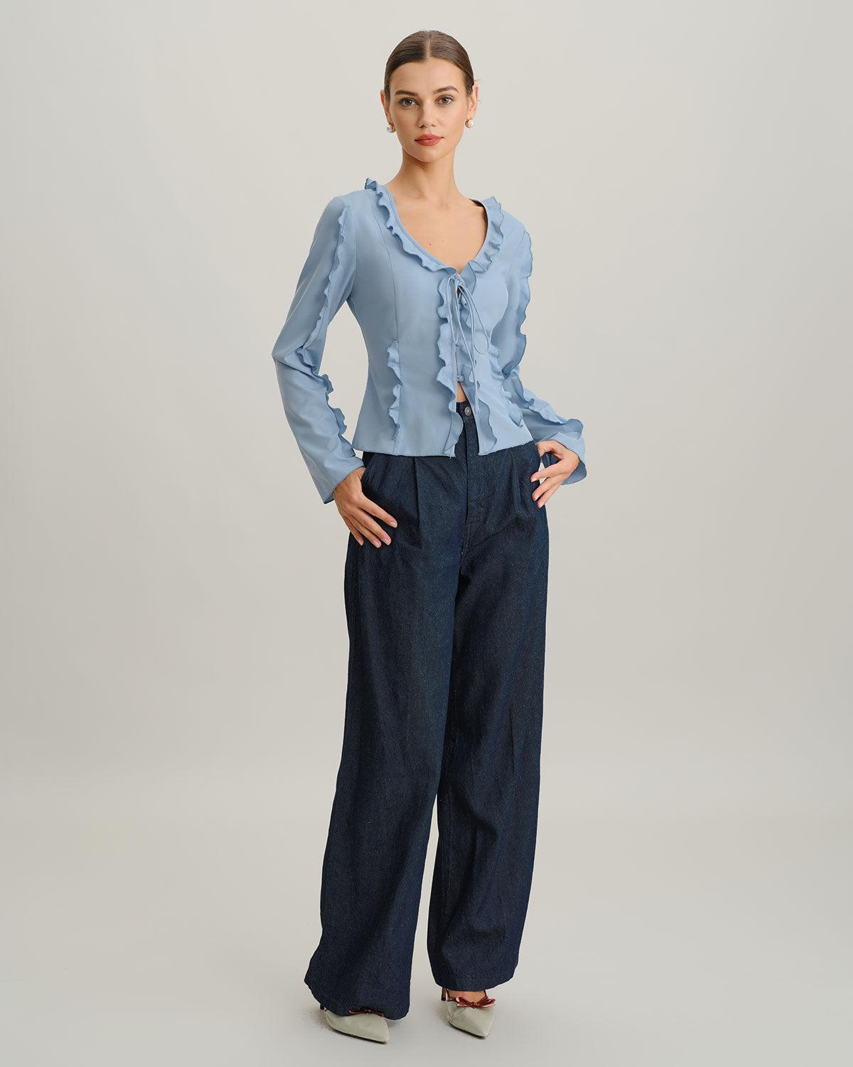 Blue Ruffle V Neck Button Blouse Product Image