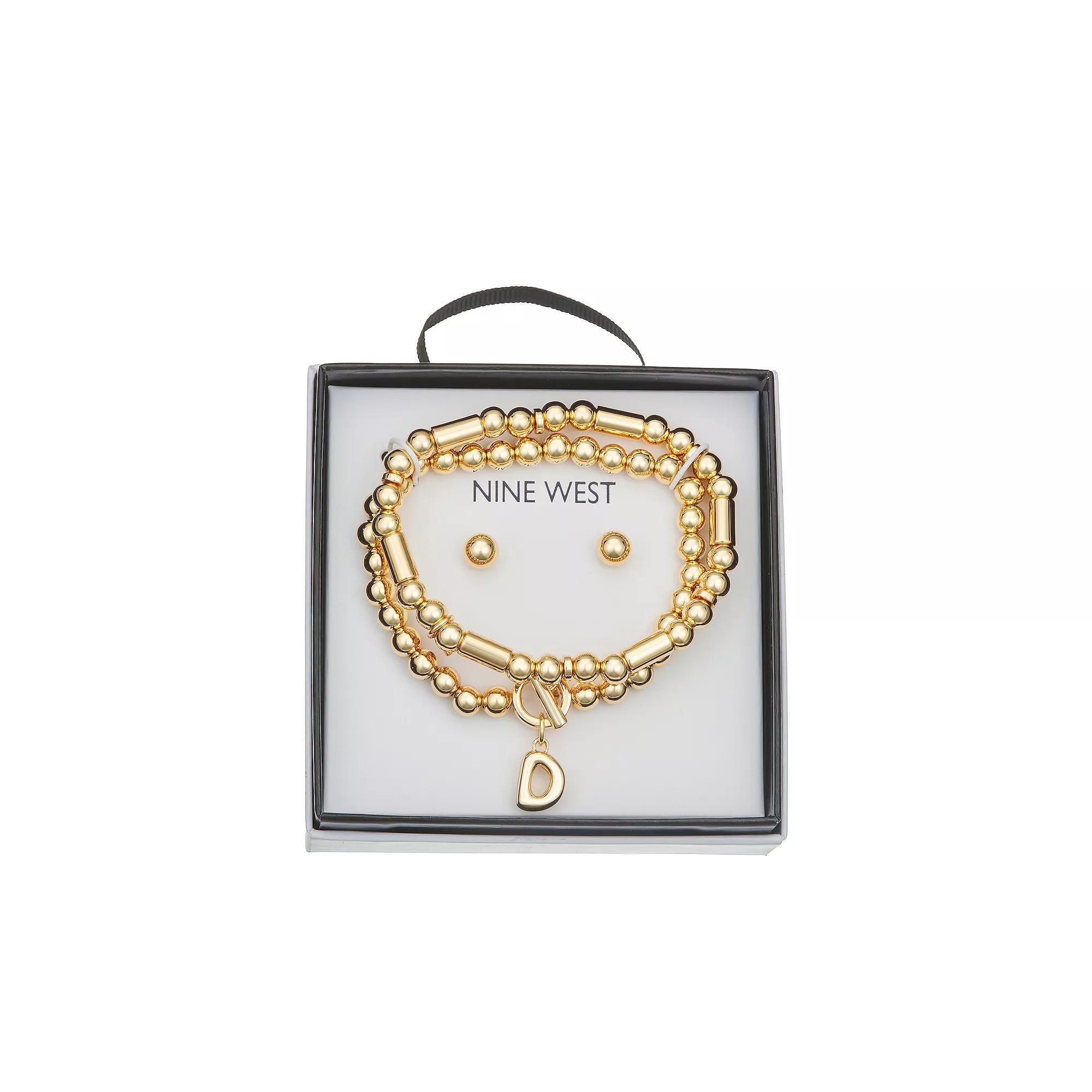 Nine West Gold Tone Initial Bracelet & Stud Earring Set, Womens, Gold Tone D Product Image