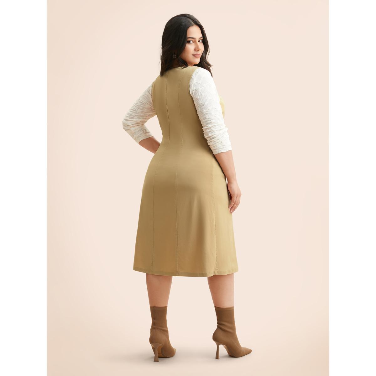 Plus Size Round Neck Metal Chain Detail Tank Dress Champagne Women Elegant Non Round Neck Sleeveless Curvy BloomChic 22-24/3X Product Image