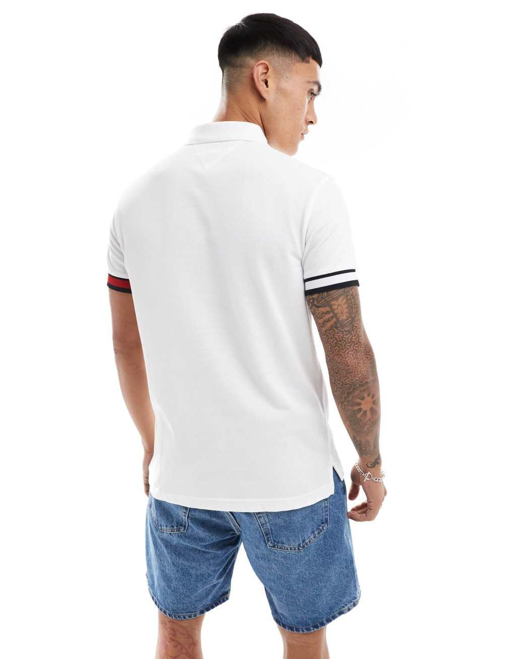 Tommy Hilfiger logo cuff slim fit polo in white Product Image