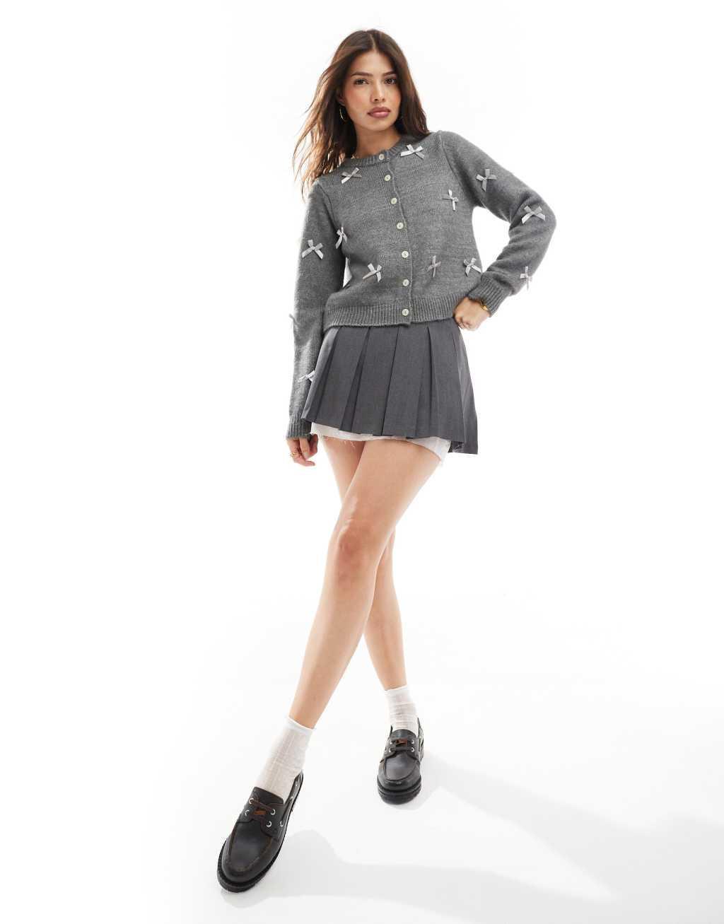 Cotton On crew neck cardigan with bow details in graphite Product Image