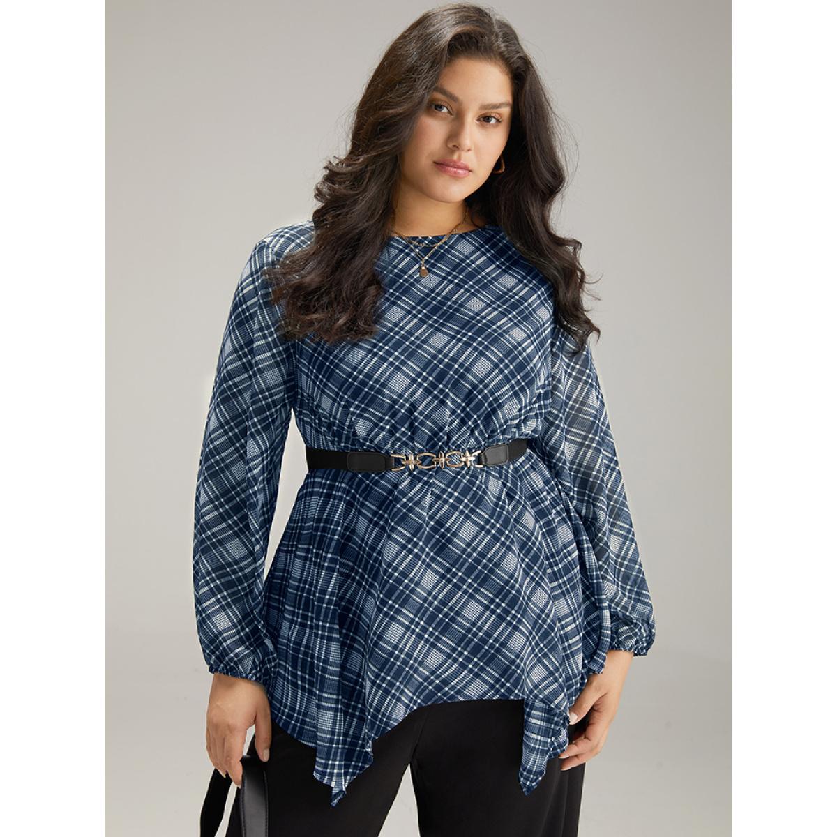 Plus Size Indigo Plaid Chiffon Lantern Sleeve Hanky Hem Blouse Women Office Long Sleeve Round Neck Work Blouses BloomChic 22-24/3X Product Image