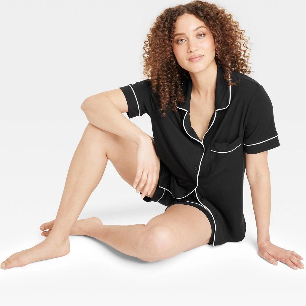 Women's Cloud Knit Short Sleeve Notch Collar Top and Shorts Pajama Set - Auden™ Black XXL: Modal-Spandex Blend, Elastic Waistband Product Image