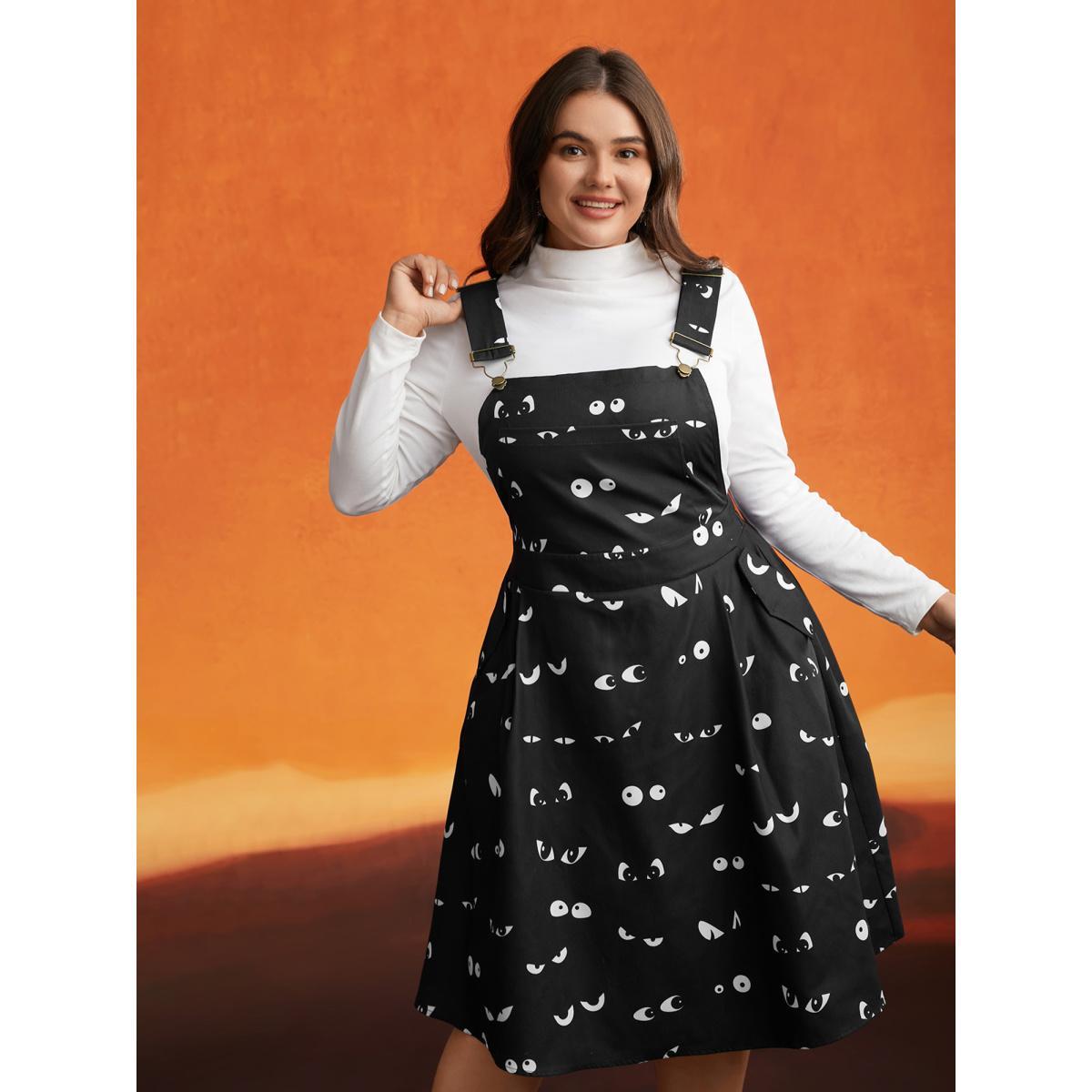 Plus Size Bat Eyes Overall Straps Skirt Midi Dress Black Women Cocktail Non Party Curvy Bloomchic 26/4X Product Image