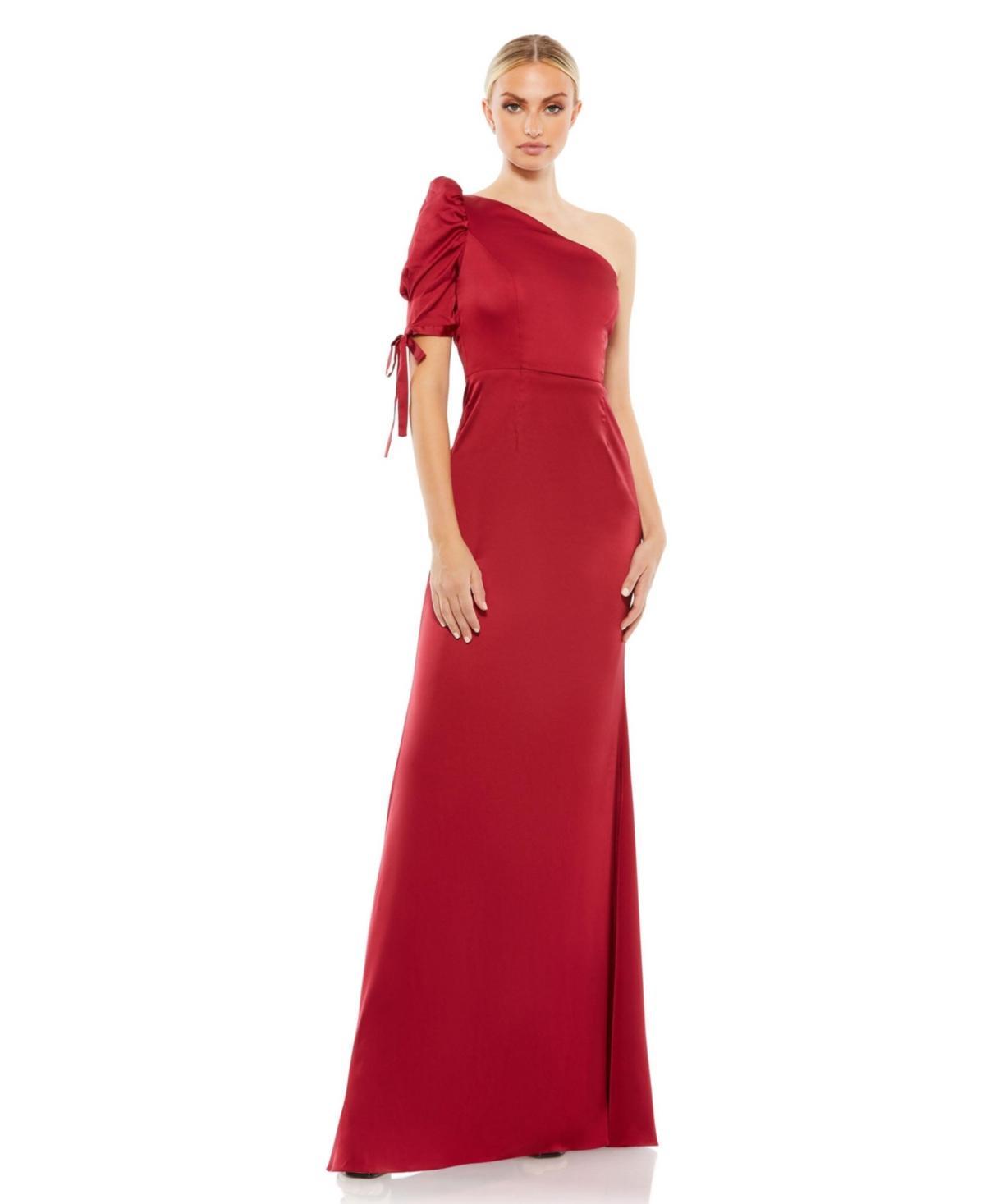Mac Duggal Womens Ieena Satin One Shoulder Puff Sleeve Trumpet Gown Product Image