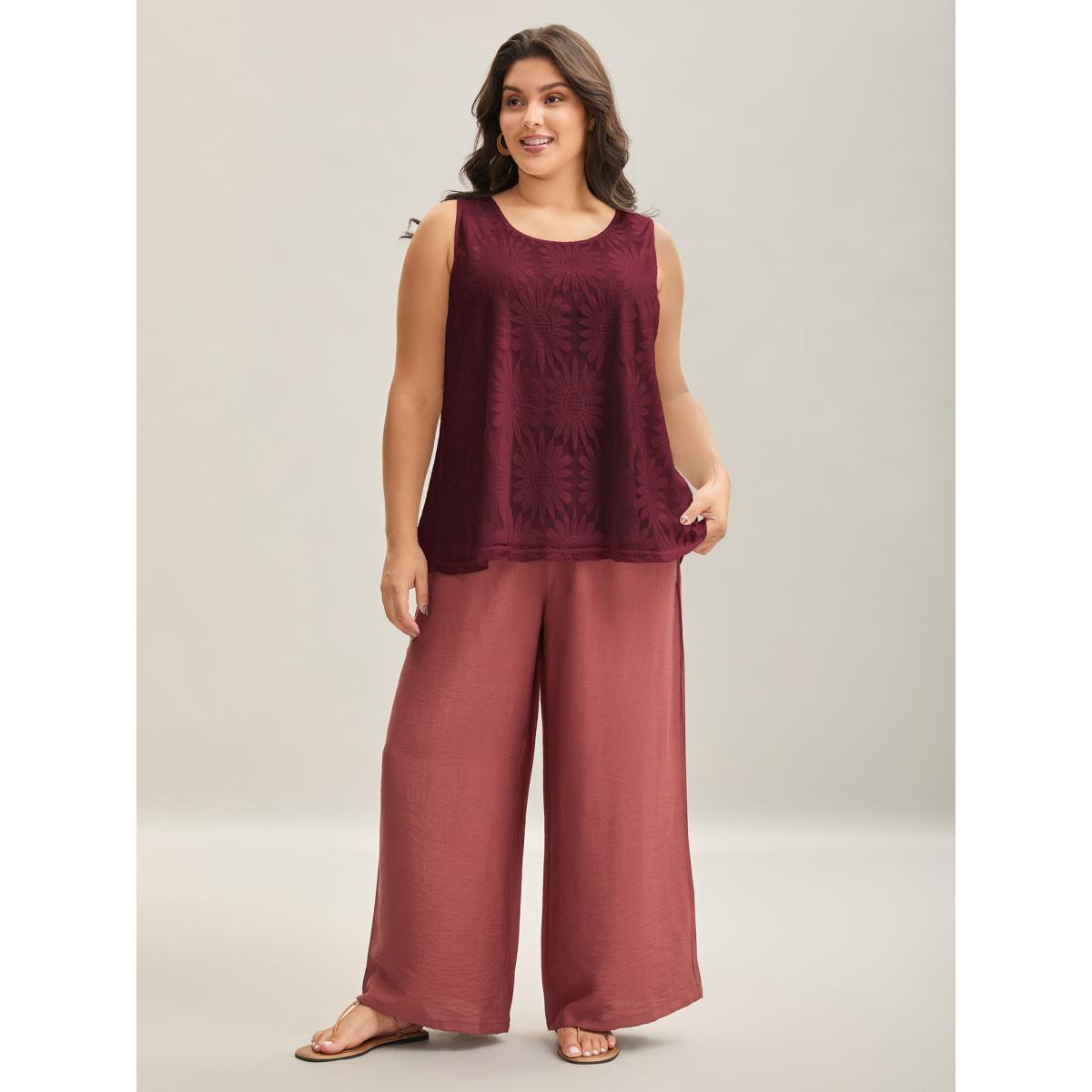 Plus Size Lace Lined Flowy Tank Top Women Burgundy Resort Non Round Neck Vacation Tank Tops Camis BloomChic 26/4X Product Image