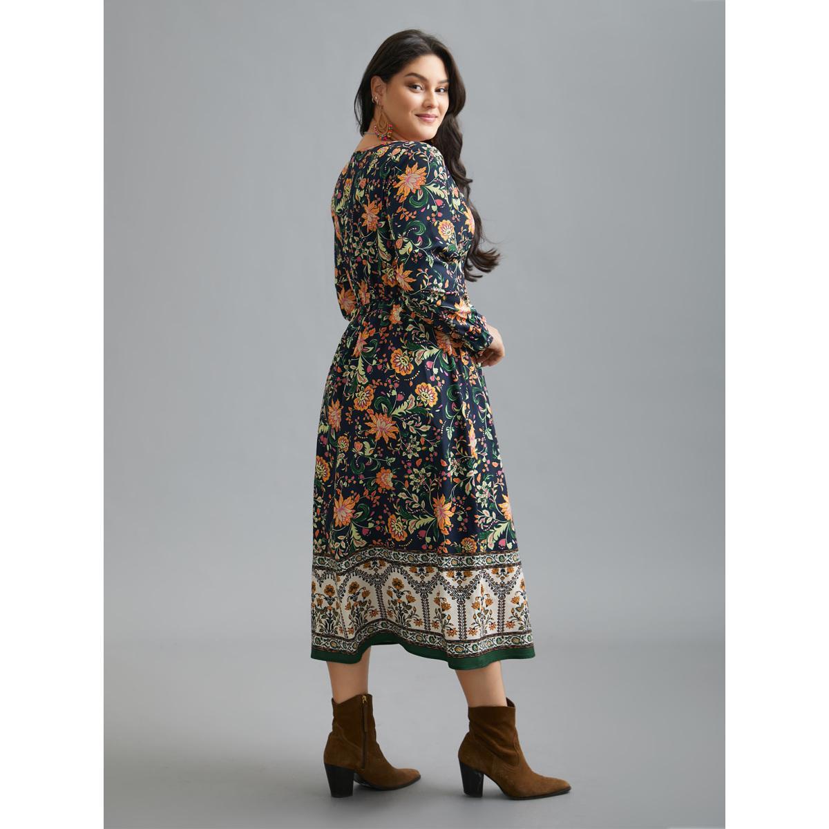 Plus Size Square Neck Floral Boho Print Midi Dress Black Women Resort Ruffles Square Neck Long Sleeve Curvy BloomChic 12/L Product Image