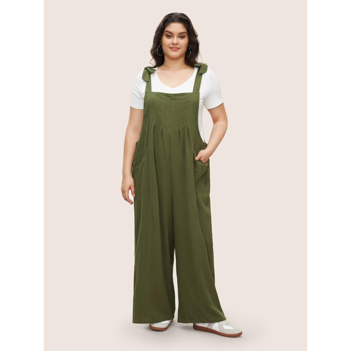 Plus Size ArmyGreen Solid Pleated Detail Pocket Knotted Shoulder Overall Jumpsuit Women Casual Sleeveless Non Everyday Loose Jumpsuits BloomChic 30/6X Product Image