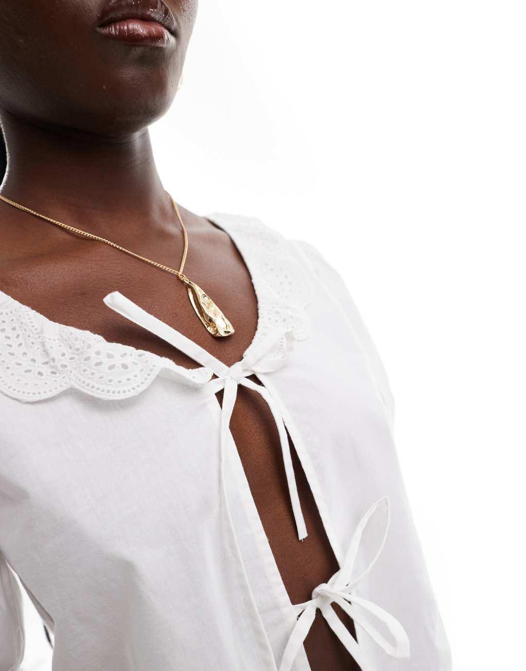 Esmee Exclusive white cotton poplin tie front top with lace collar in white Product Image