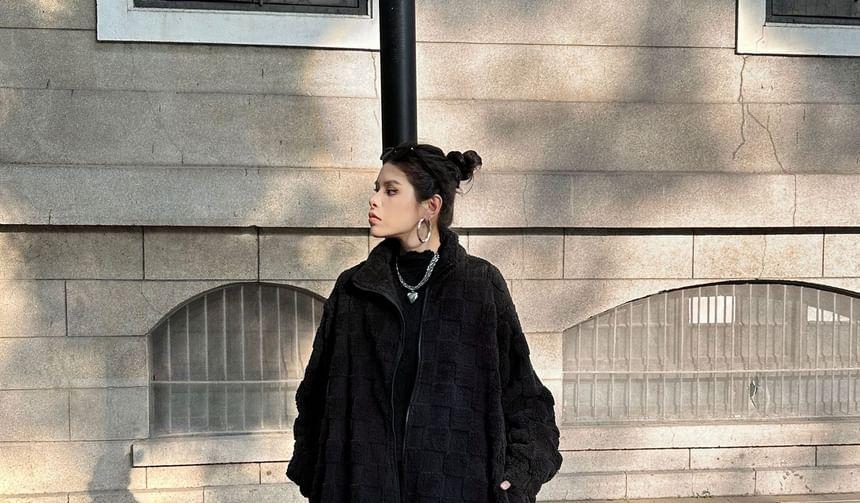 Stand Collar Plain Fleece Midi Zip Coat Product Image