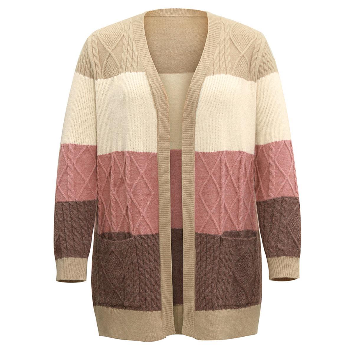 Plus Size Anti-Pilling Cable Knit Colorblock Patched Pocket Cardigan Multicolor Women Casual Loose Long Sleeve Everyday Cardigans BloomChic 14-16/1X Product Image
