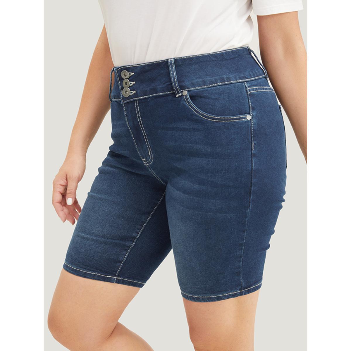 Plus Size Slightly Stretchy High Rise Black Wash Denim Shorts Women Indigo Casual Plain Button Low stretch Pocket Jeans BloomChic 14/1X Product Image