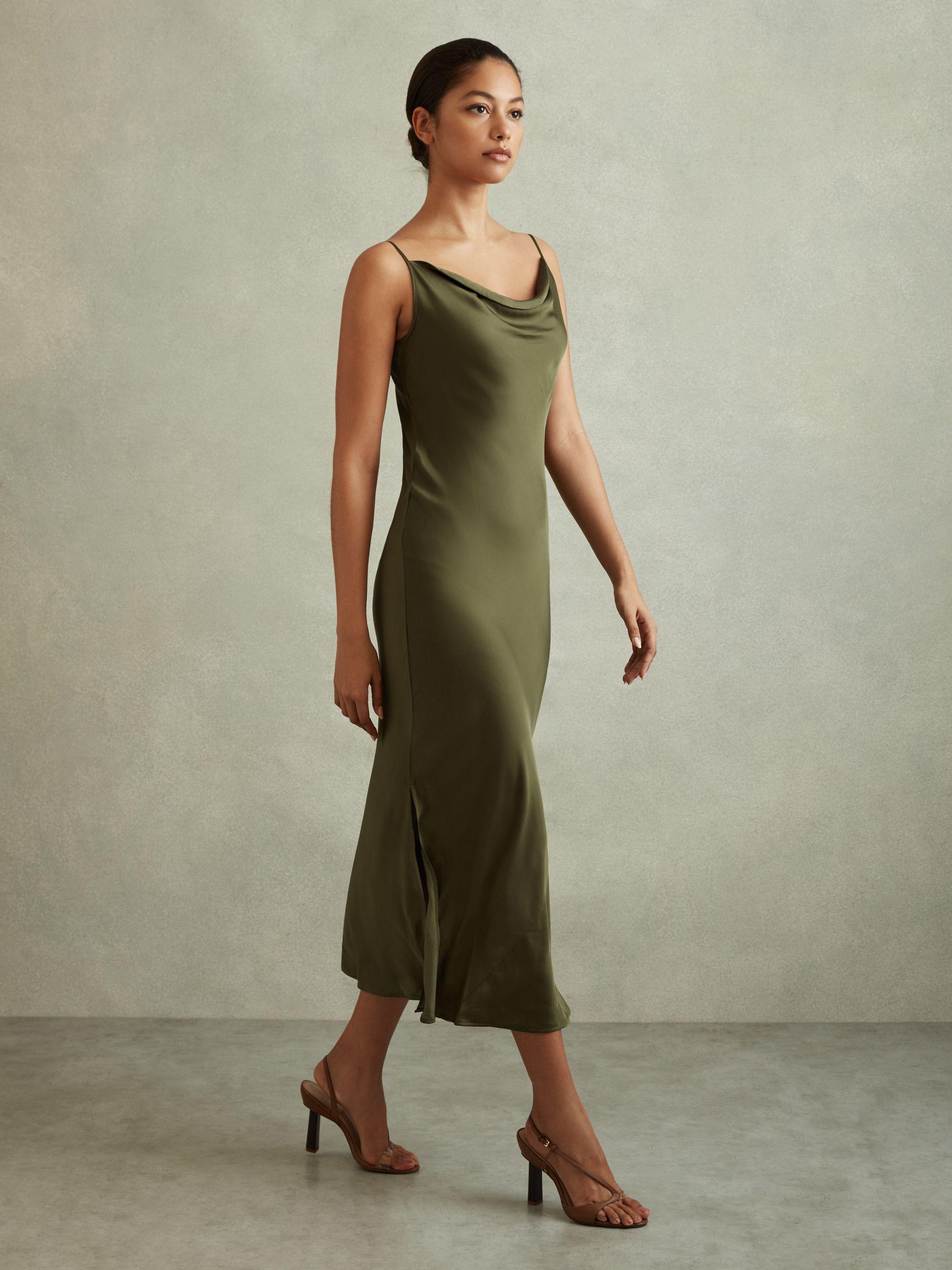 Satin Cowl Neck Midi Dress in Khaki Product Image