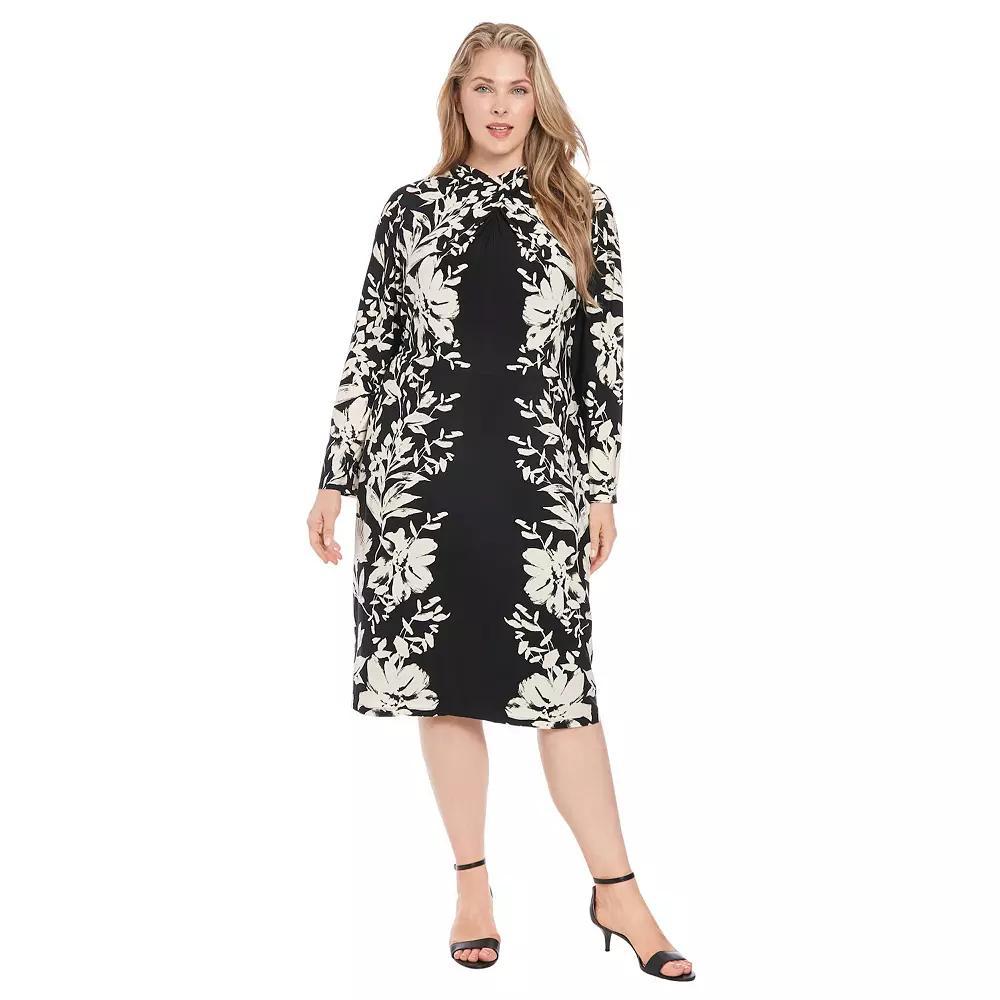 Plus Size London Times Criss Cross Neck Long Sleeve Sheath Midi Dress, Women's, Size: 16 W, Black Cream Product Image