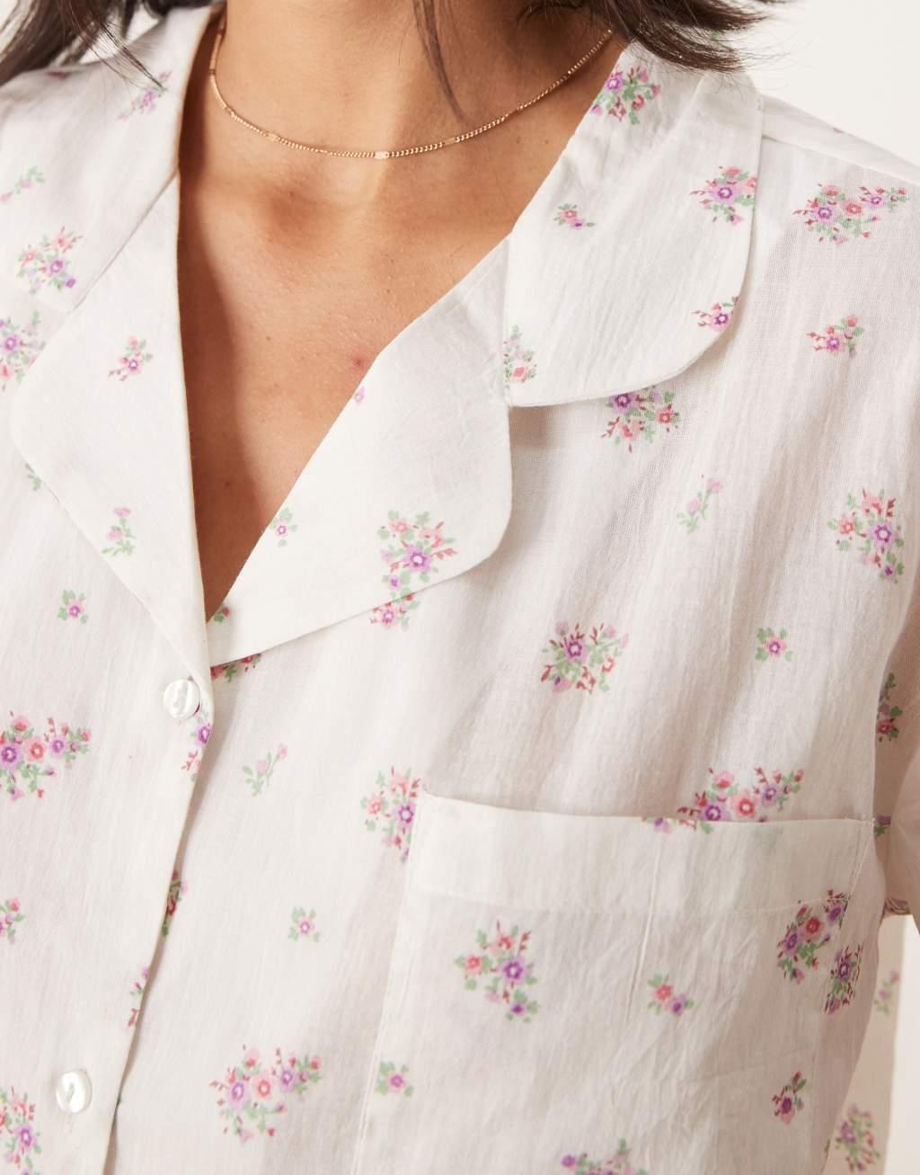 Luna short sleeve camp collar pajama top and shorts set in cheesecloth delicate floral print  Product Image