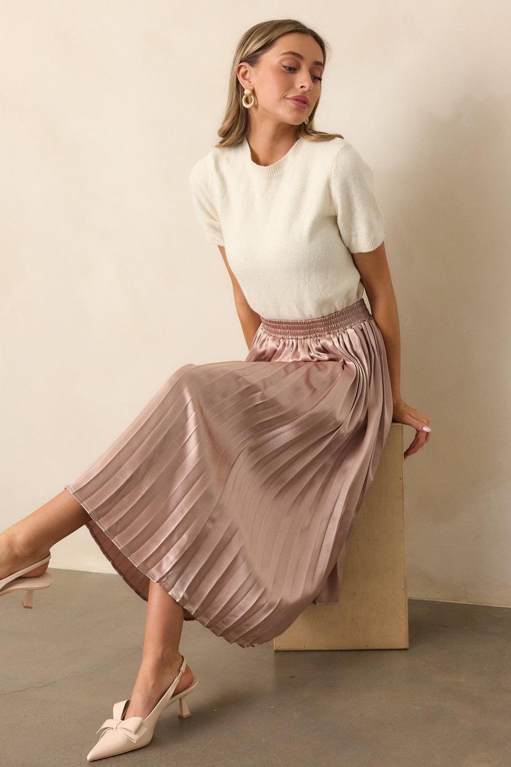 Lost In The Stars Rose Gold Pleated Midi Skirt Product Image