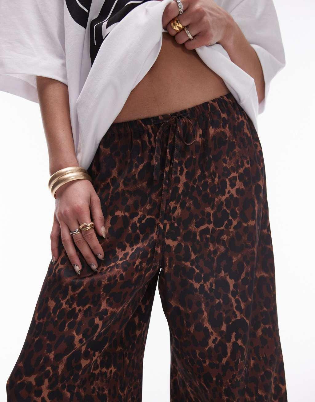 Topshop leopard print satin straight leg tie waist pants in light leopard Product Image