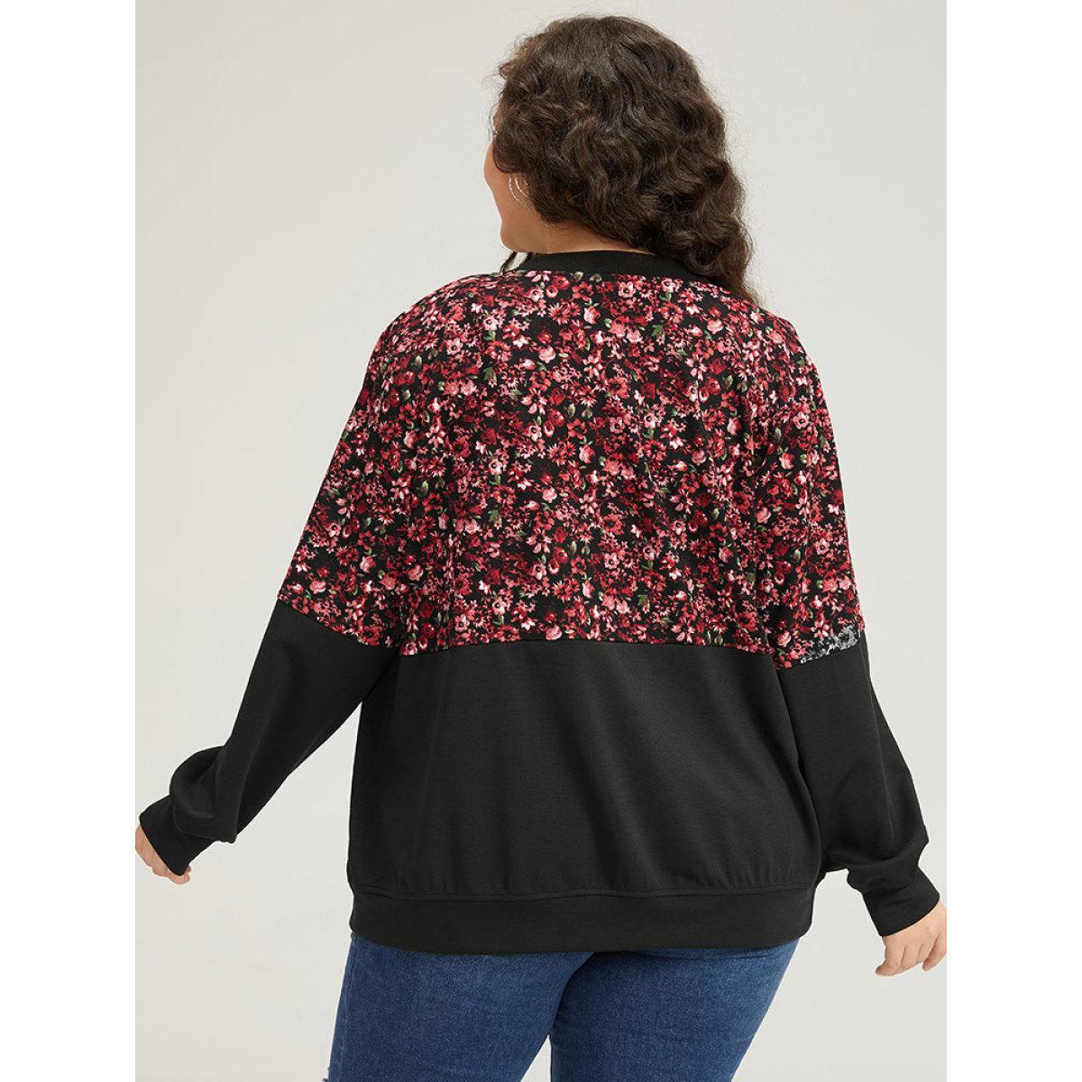 Plus Size Ditsy Floral Patchwork Zipper Elastic Cuffs Jacket Women Black Elastic cuffs Dailywear Jackets BloomChic 12/L Product Image
