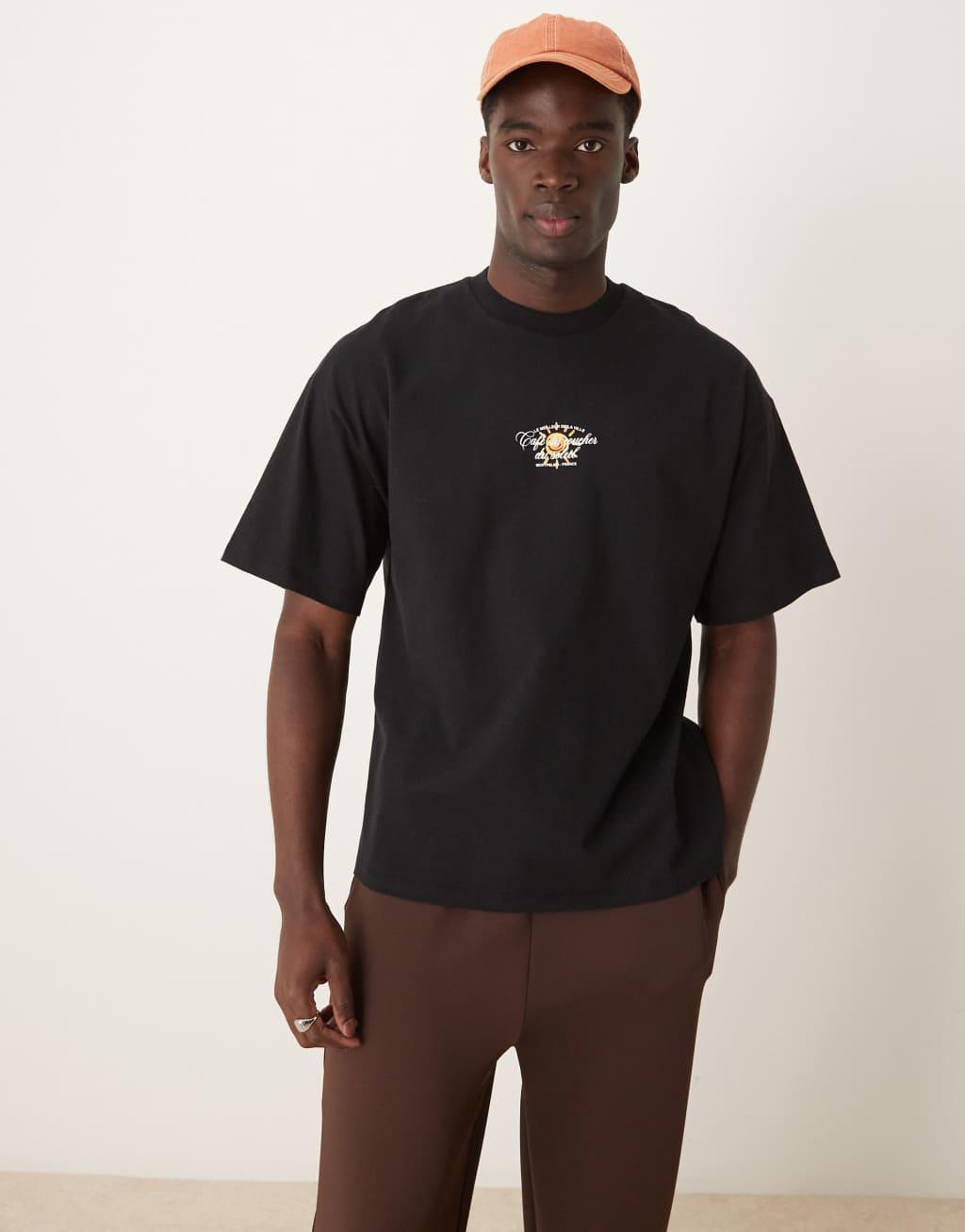 Selected Homme oversized T-shirt with sun backprint in black Product Image