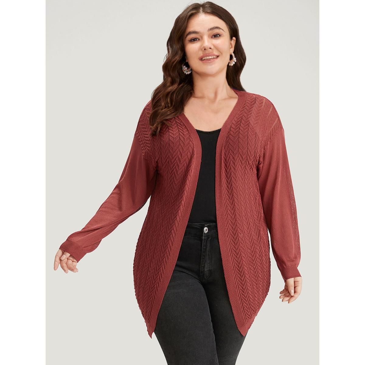 Plus Size Geometric Plisse Patchwork Loose Open Front Cardigan Russet Women Casual Loose Long Sleeve Everyday Cardigans BloomChic 10/M Product Image