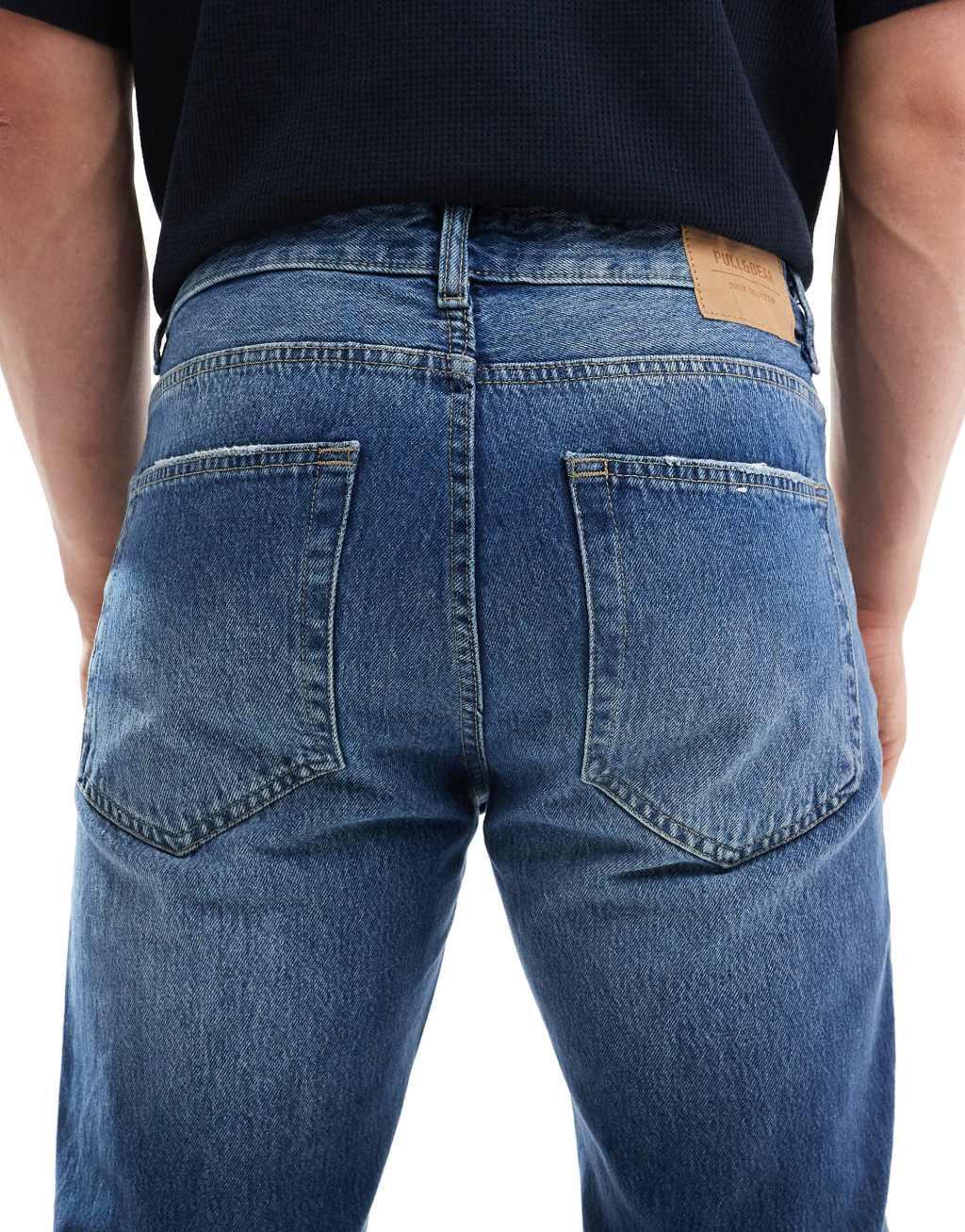 Pull&Bear straight vintage jeans in mid blue Product Image