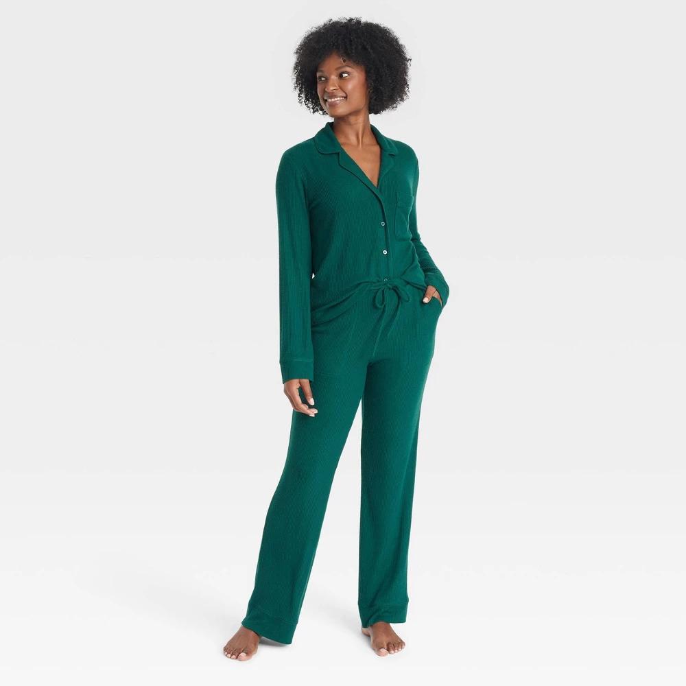 Women's Cozy Ribbed Long Sleeve Notch Collar Shirt and Pants Pajama Set - Auden™ Green L Product Image
